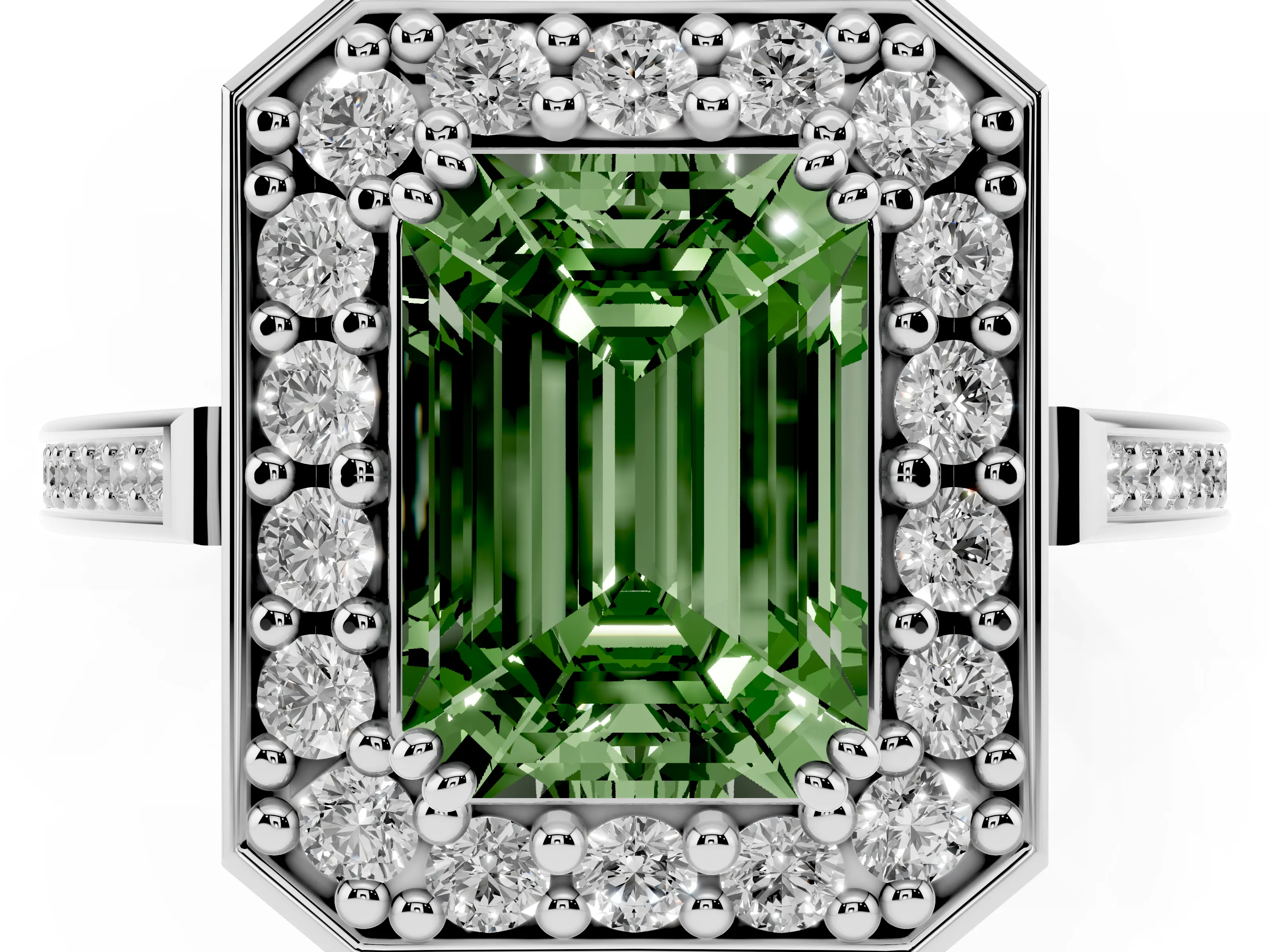 Fancy Green Emerald Cut Diamond Halo Ring Set in White gold with Accent-Lined Split Shank and Prong Setting