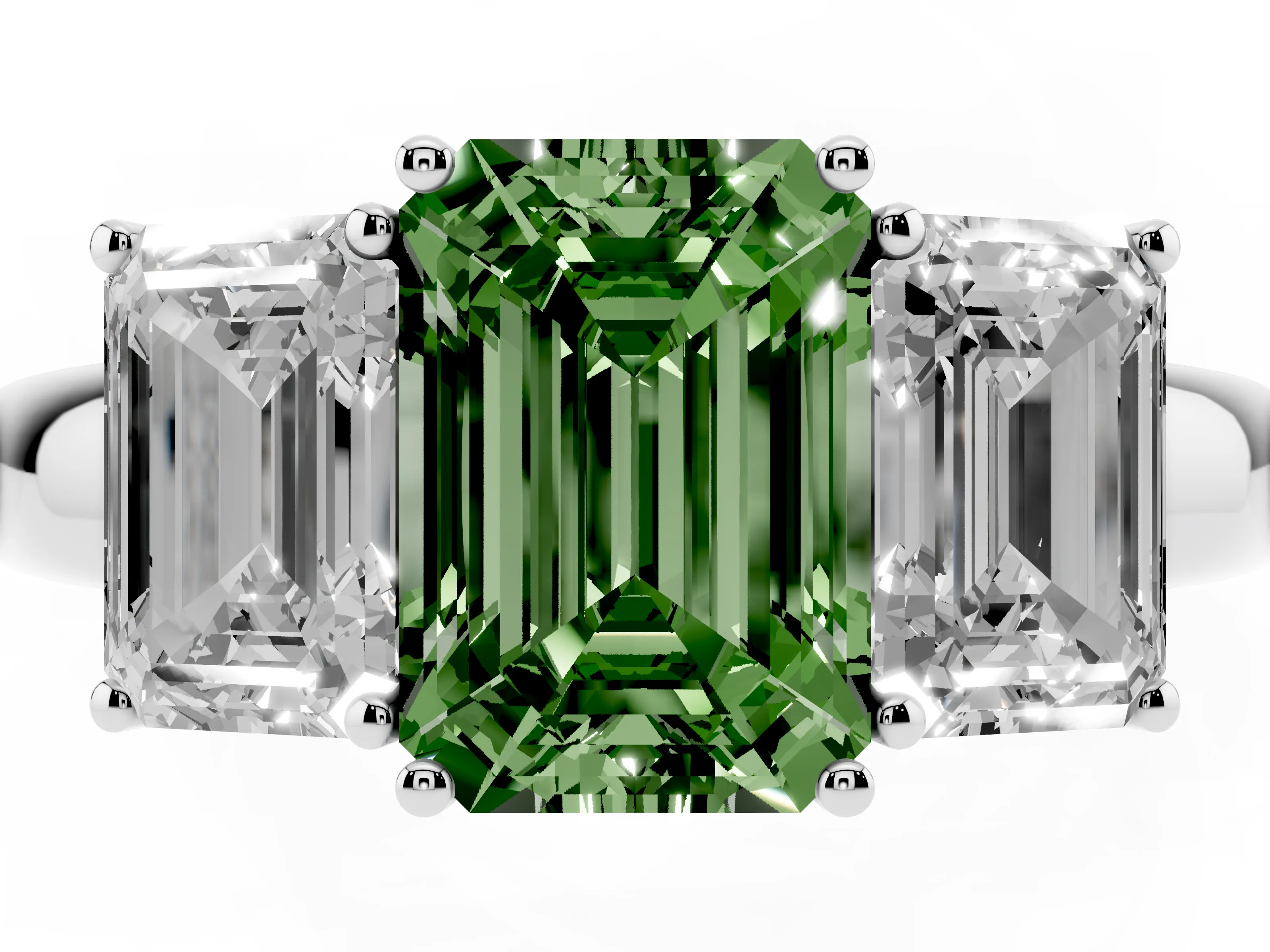 Fancy Green Emerald Cut Diamond Three-Stone Ring Set in Platinum with Bold Center and Classic Band