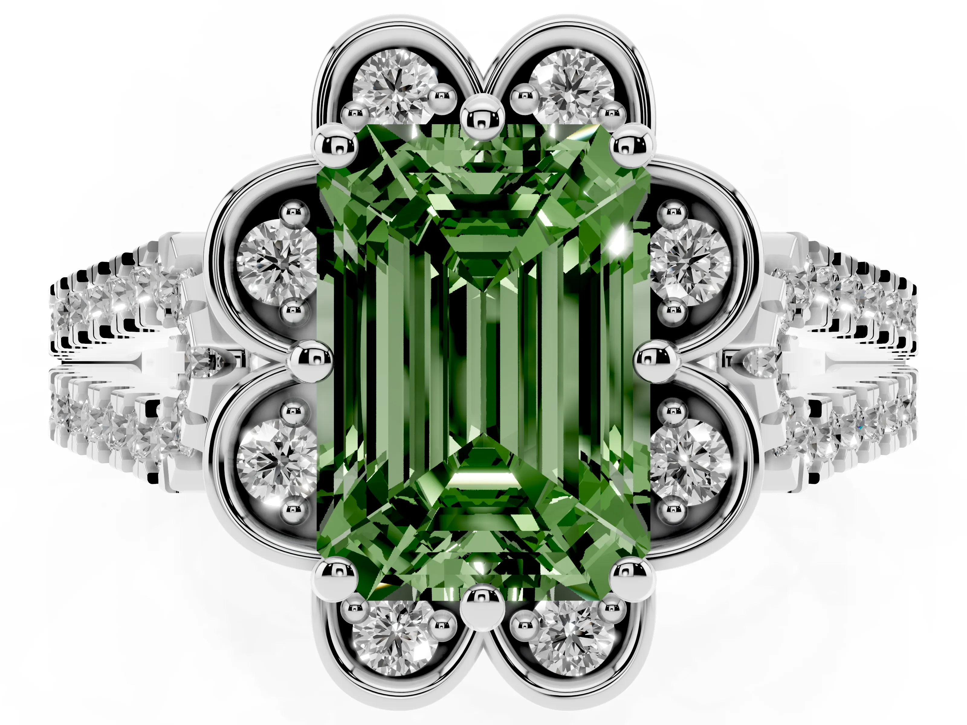 Fancy Green Emerald Cut Diamond Floral Halo Split Shank Engagement Ring Set in Silver with Pavé Shank