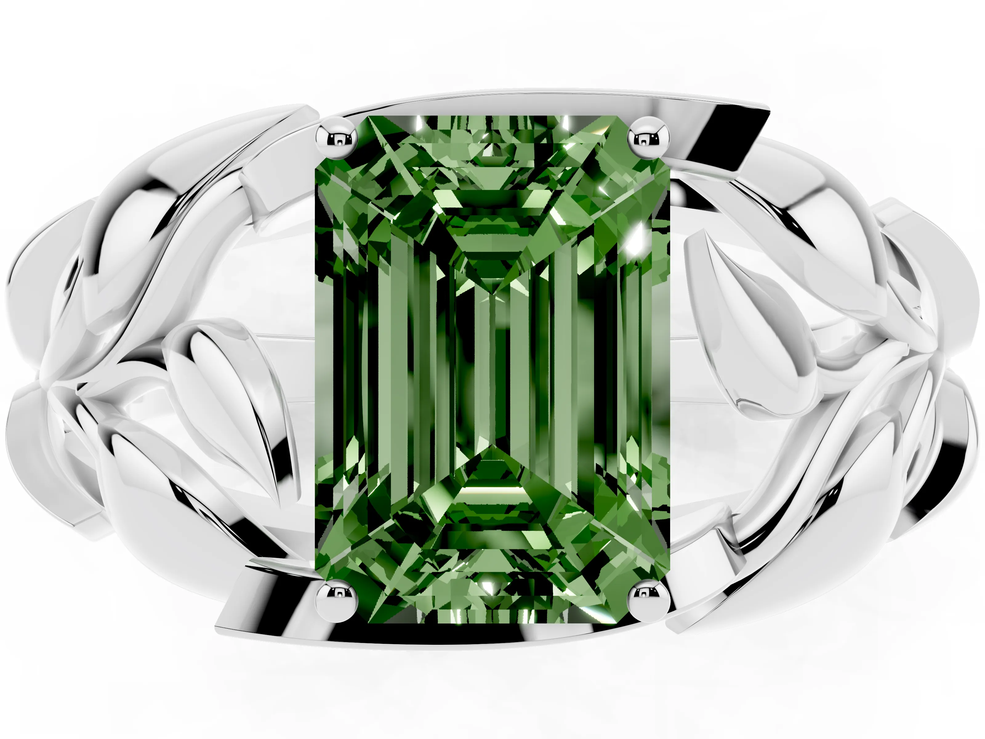 Fancy Green Emerald Cut Diamond Leaf-Inspired Engagement Ring Set in White gold with Round Accents