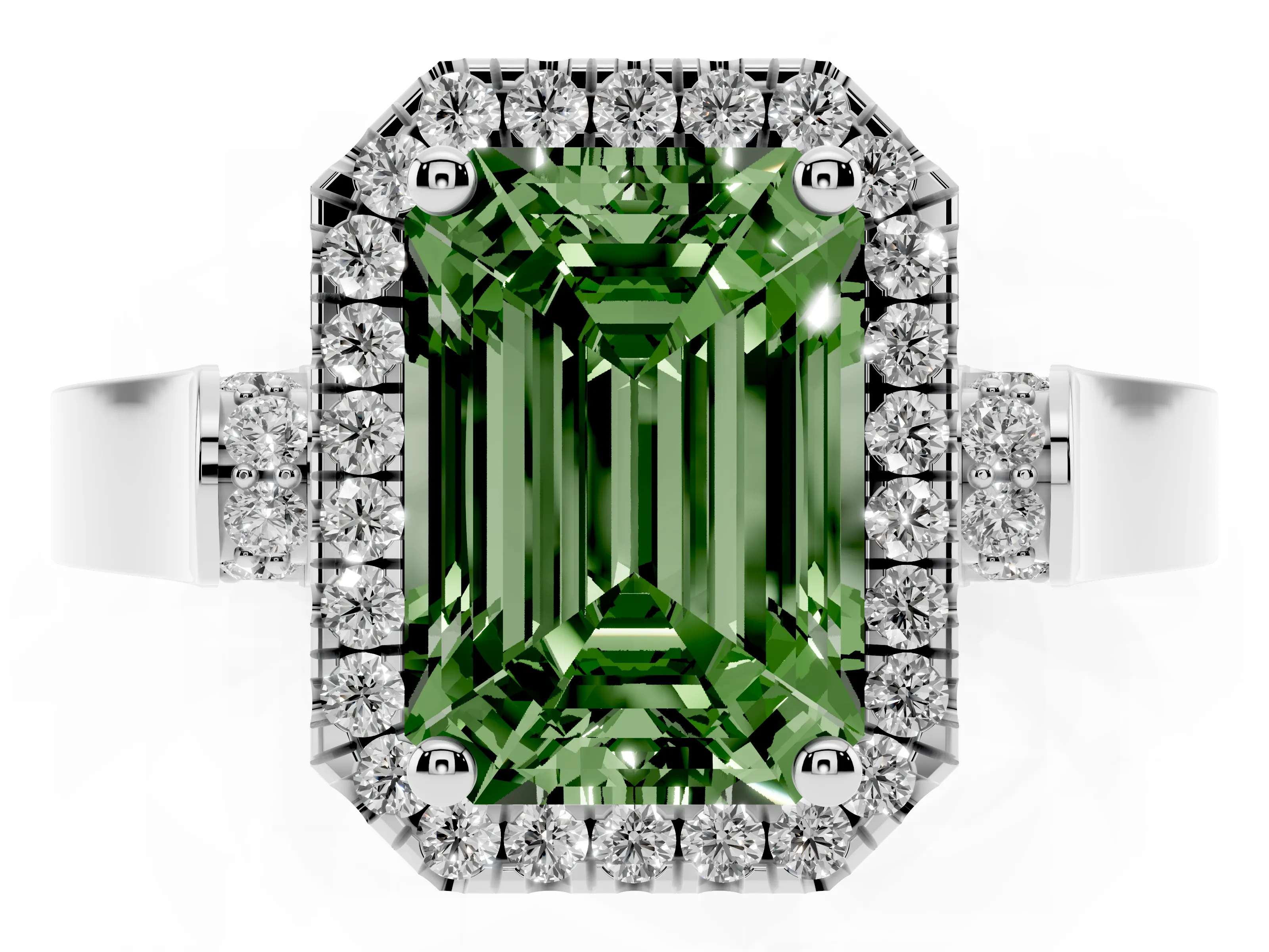 Fancy Green Emerald Cut Diamond Halo Ring Set in Platinum with Pavé-Lined Split Shank Band