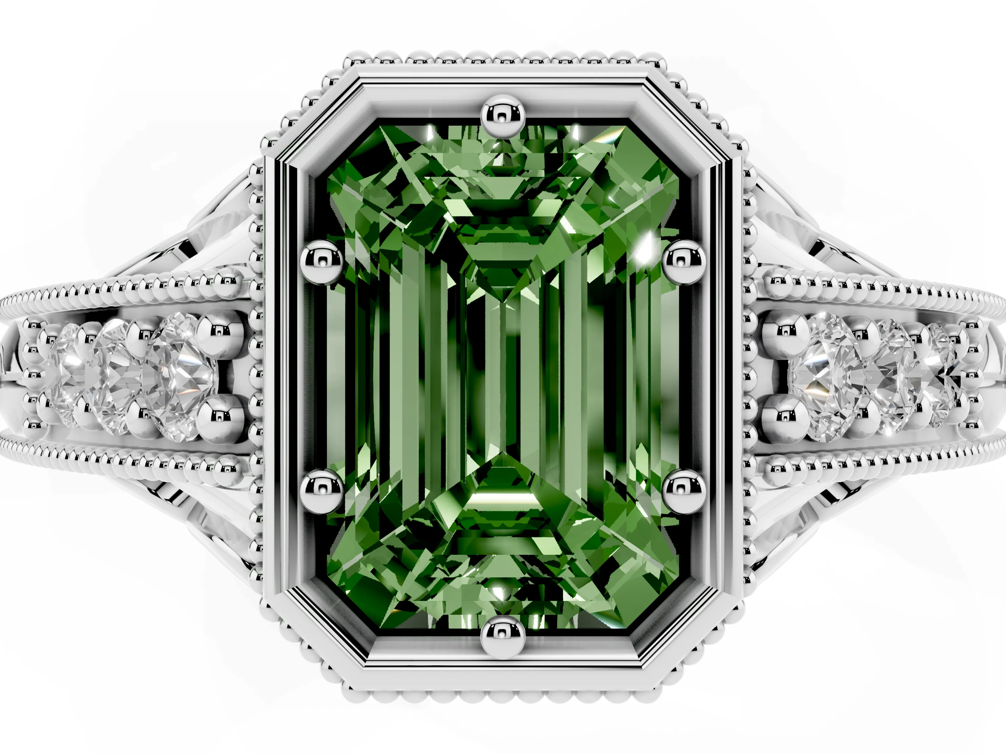 Fancy Green Bezel Set Emerald Cut Diamond Milgrain Pavé Engagement Ring Set in Silver