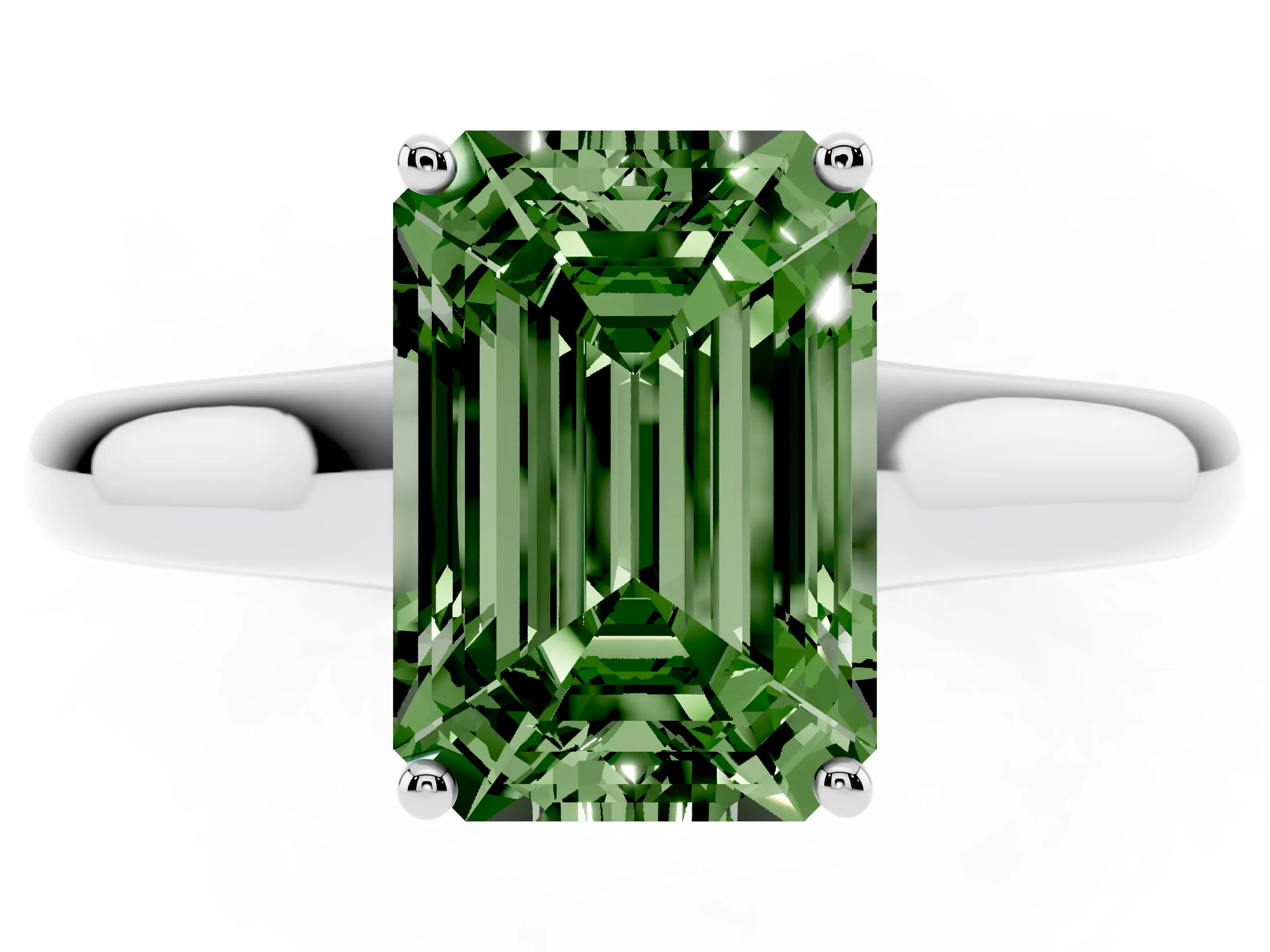 Fancy Green Emerald Cut Diamond Solitaire Engagement Ring Set in White gold with Subtly Tapered Band and Prong Setting