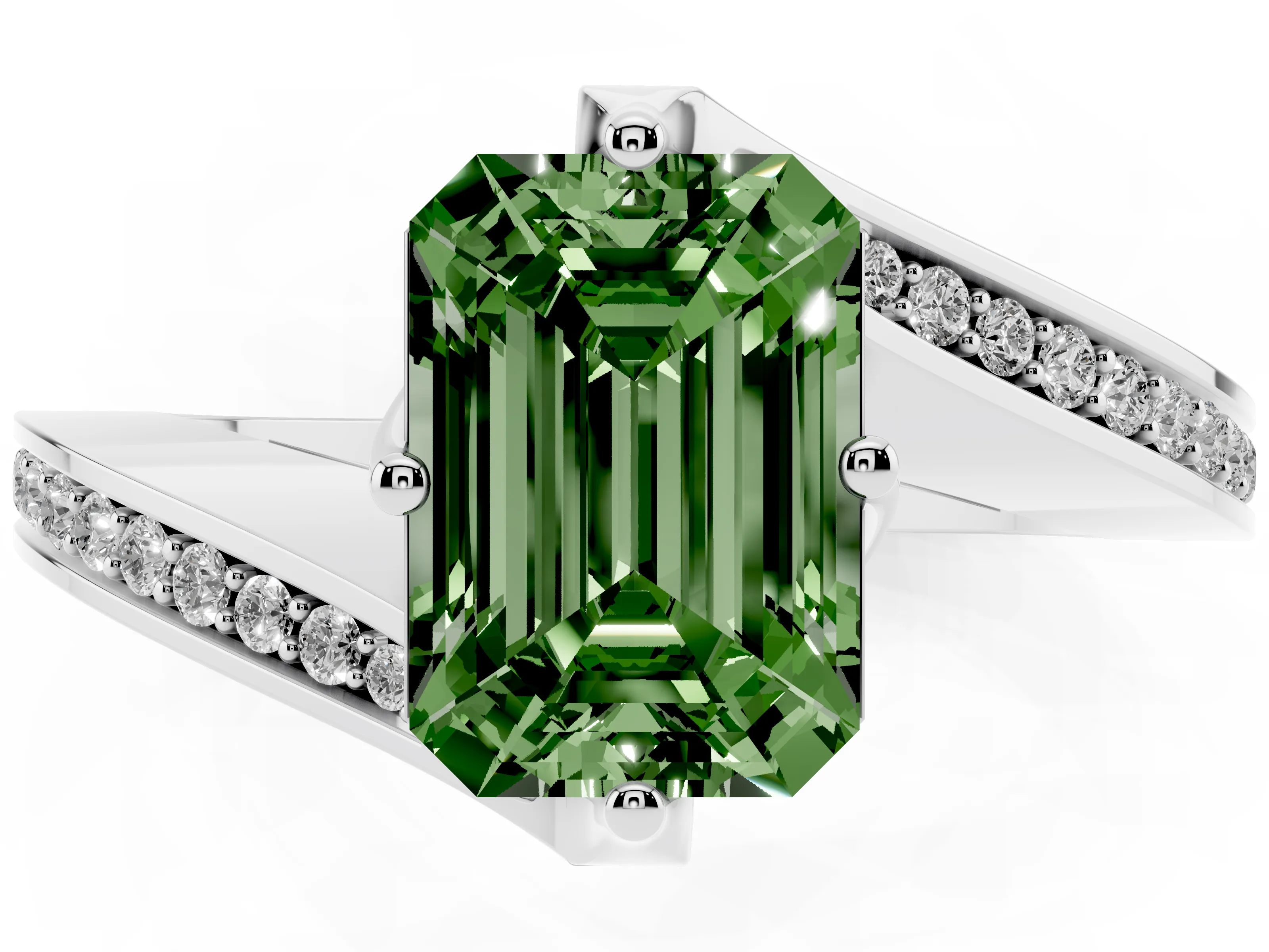 Fancy Green Emerald Cut Diamond Solitaire Ring Set in Platinum with Intertwined Pavé Twist Band