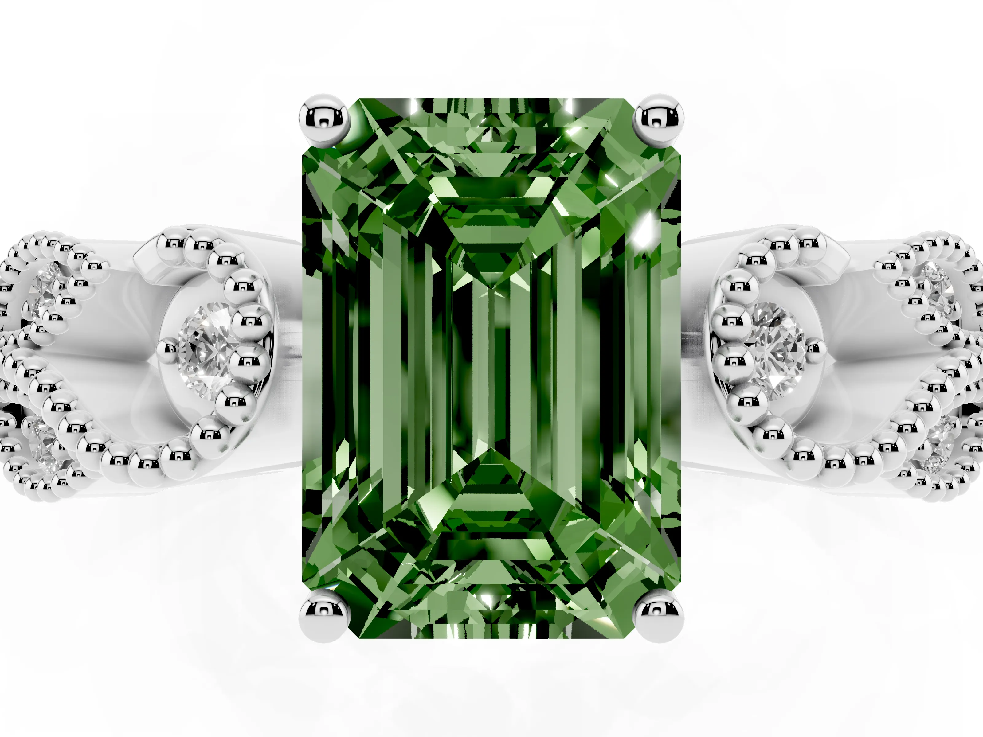 Fancy Green Emerald Cut Diamond Milgrain Leaf Band Solitaire Ring Set in White gold with Accent Stones and Prong Setting