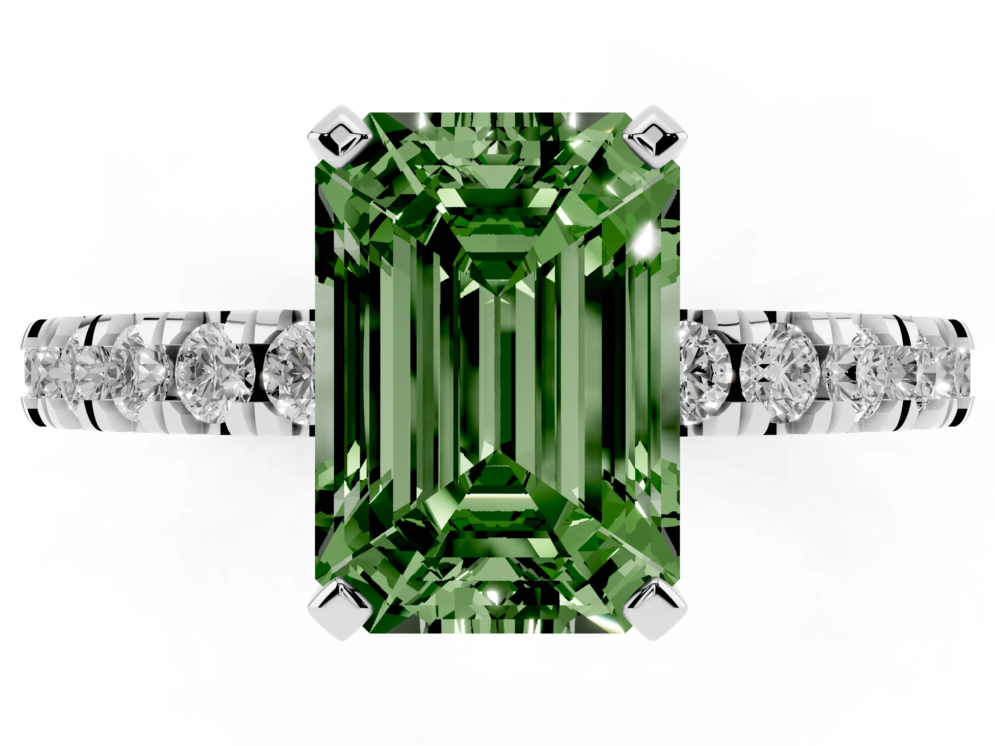 Fancy Green Emerald Cut Diamond Pavé Band Solitaire Set in Platinum with Prong Setting
