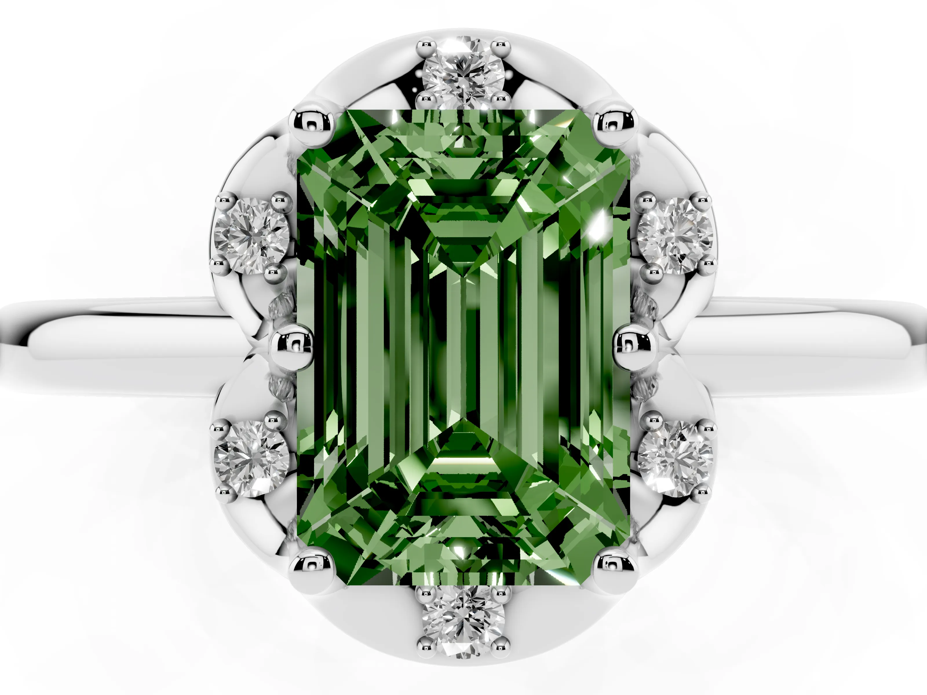 Fancy Green Emerald Cut Diamond Round Cluster Halo Ring Set in Platinum with Solitaire Band and Prong Setting