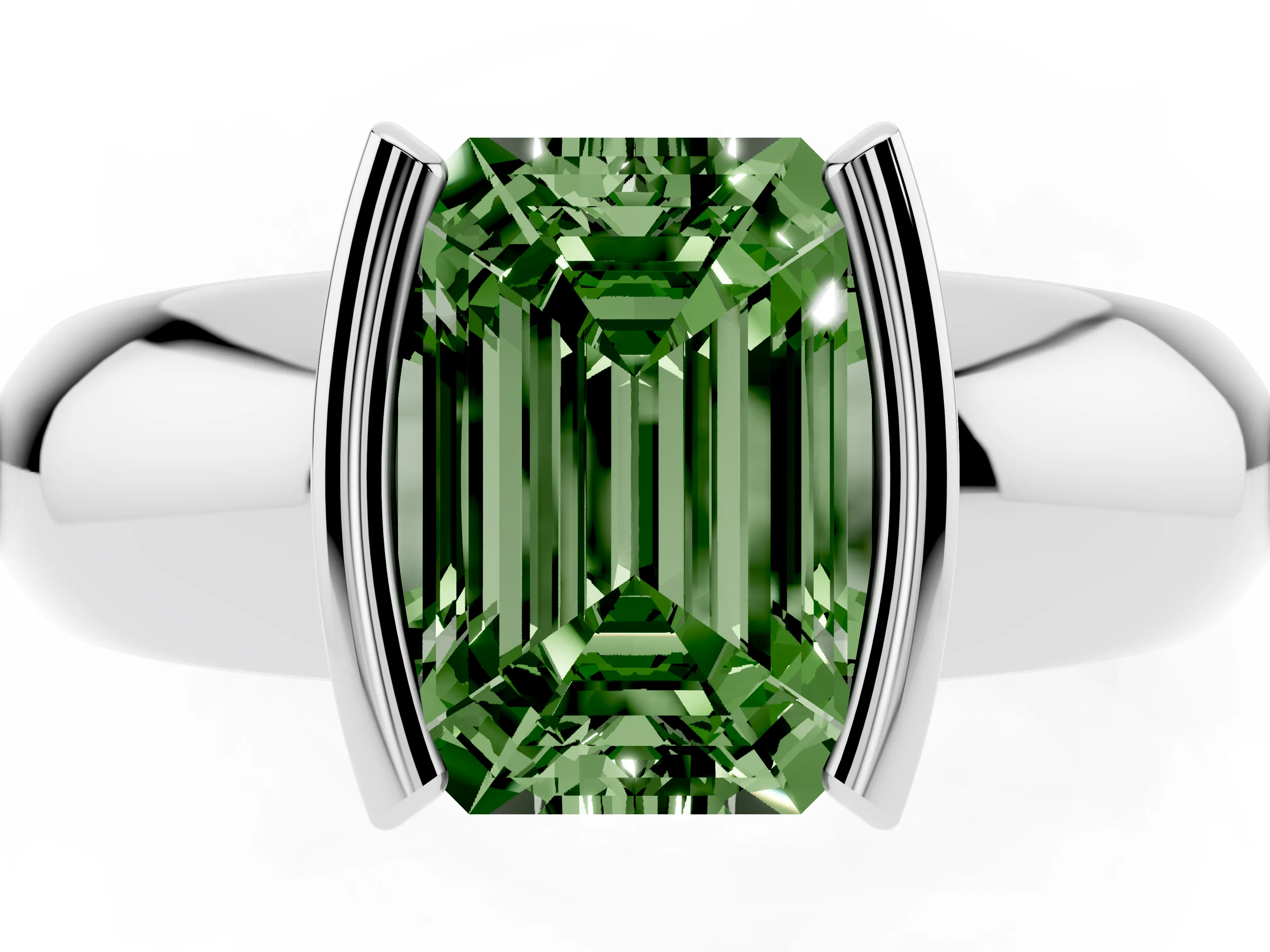 Fancy Green Emerald Cut Diamond Solitaire Tension Set Ring Set in White gold with Wide Band