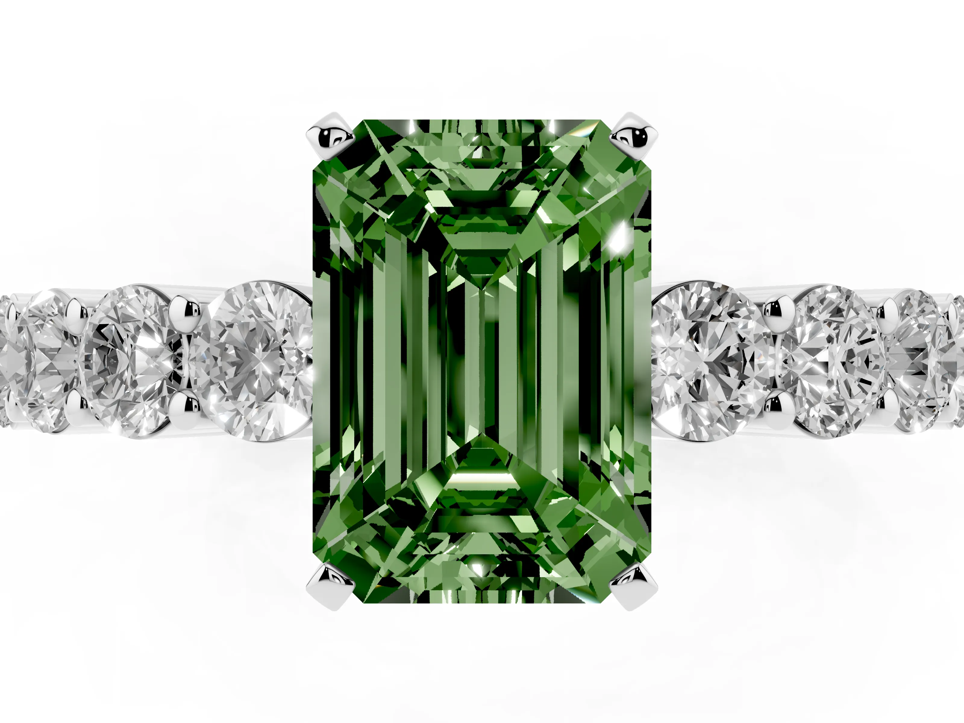 Fancy Green Emerald Cut Diamond Solitaire Ring Set in White gold with Shared Prong Round Side Stones