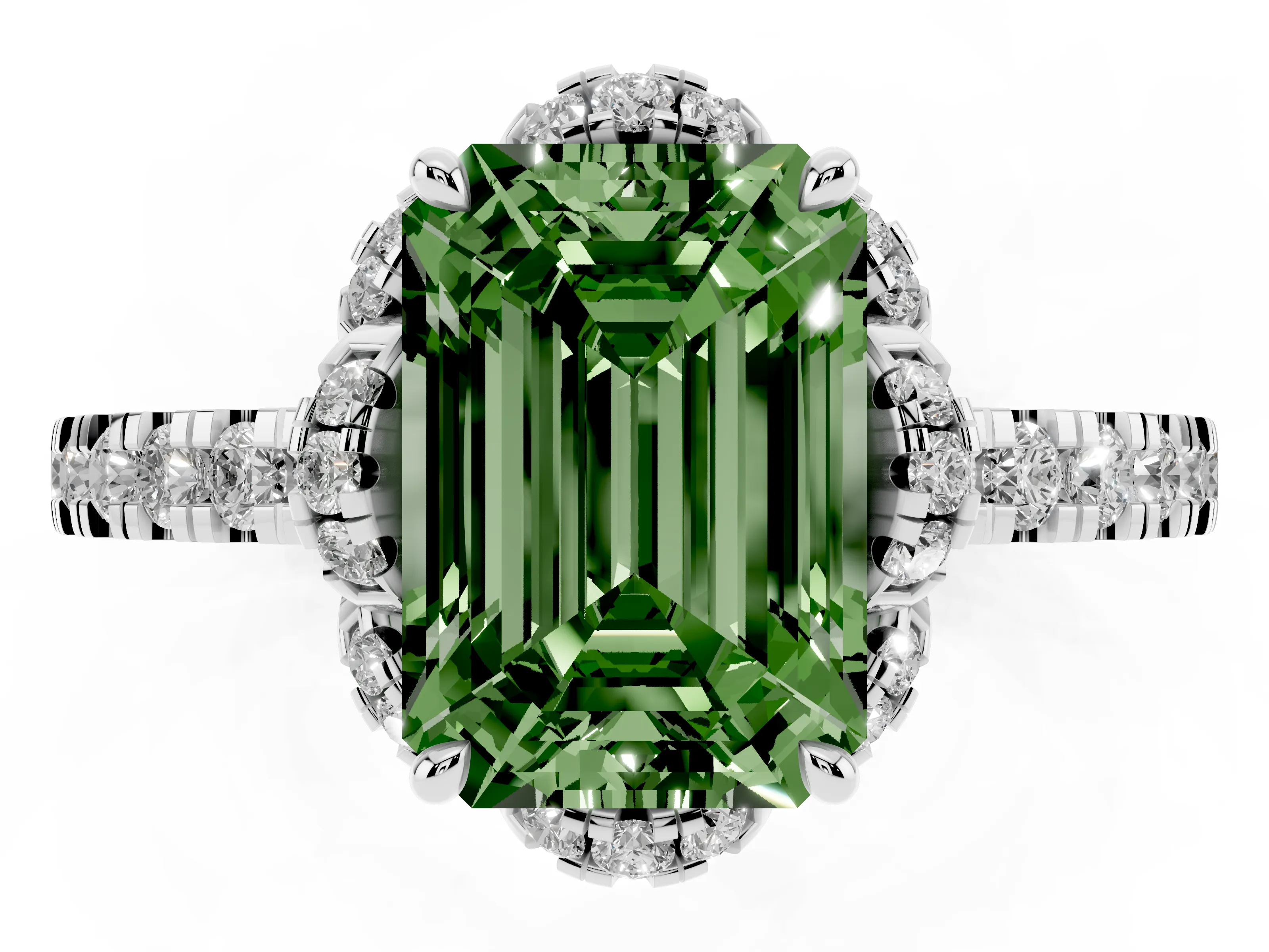 Fancy Green Emerald Cut Diamond Halo Pavé Band Ring Set in Platinum with Prong-Held Center