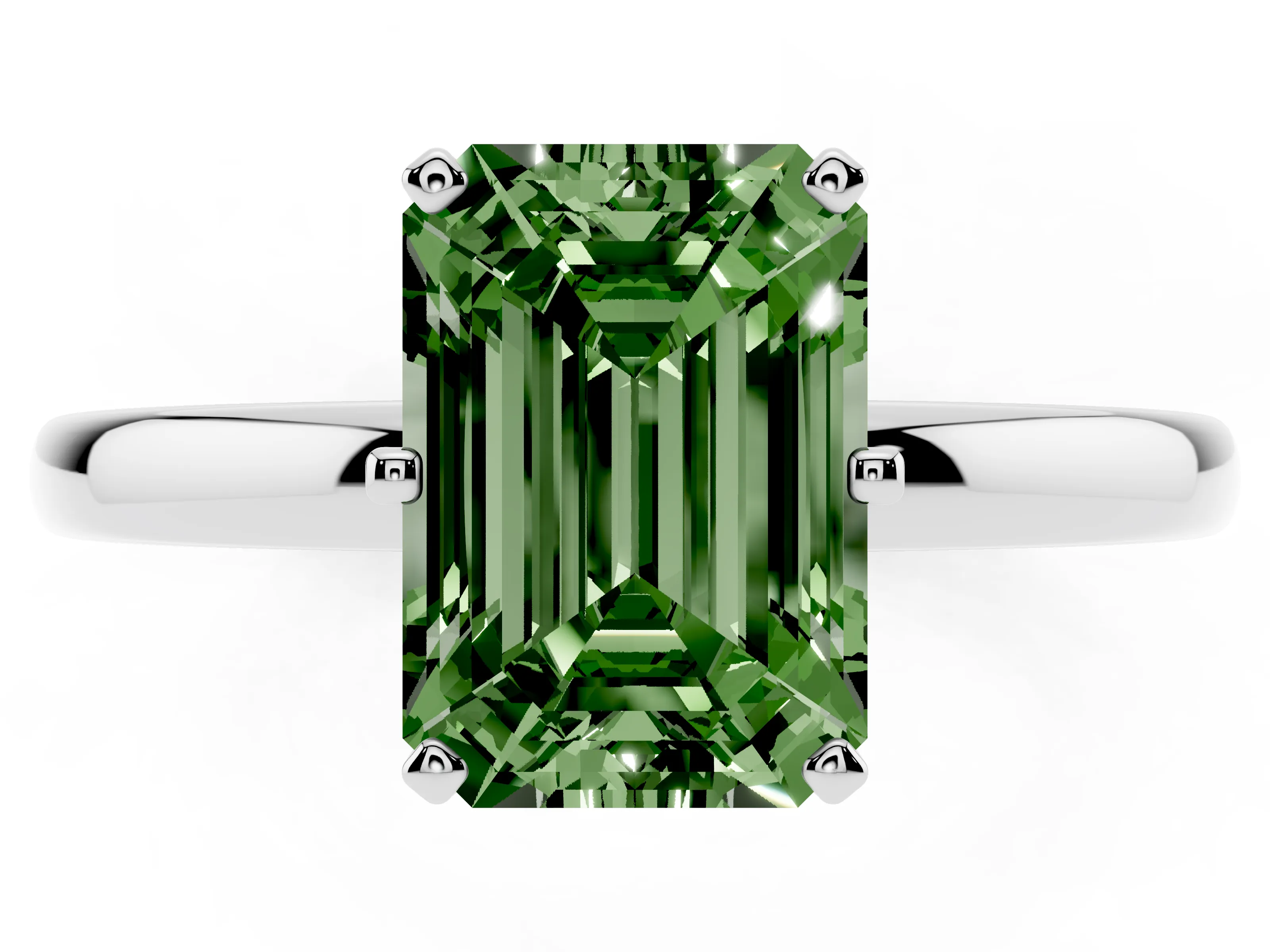 Fancy Green Emerald Cut Diamond Solitaire Ring Set in Silver with Raised Prong Setting on a Classic Band