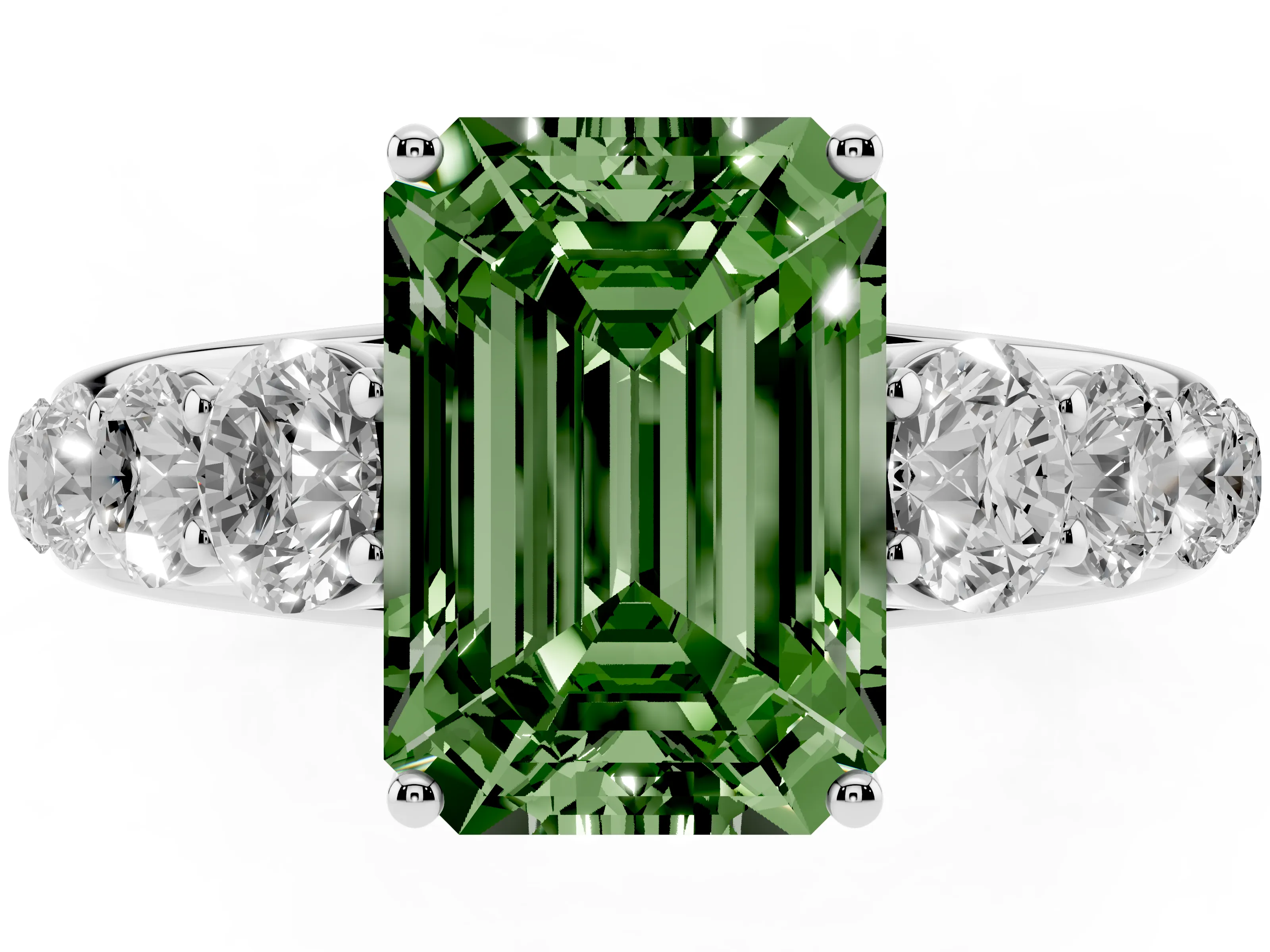 Fancy Green Emerald Cut Diamond Solitaire Ring Set in Platinum with Pavé-Set Band and Prong Setting