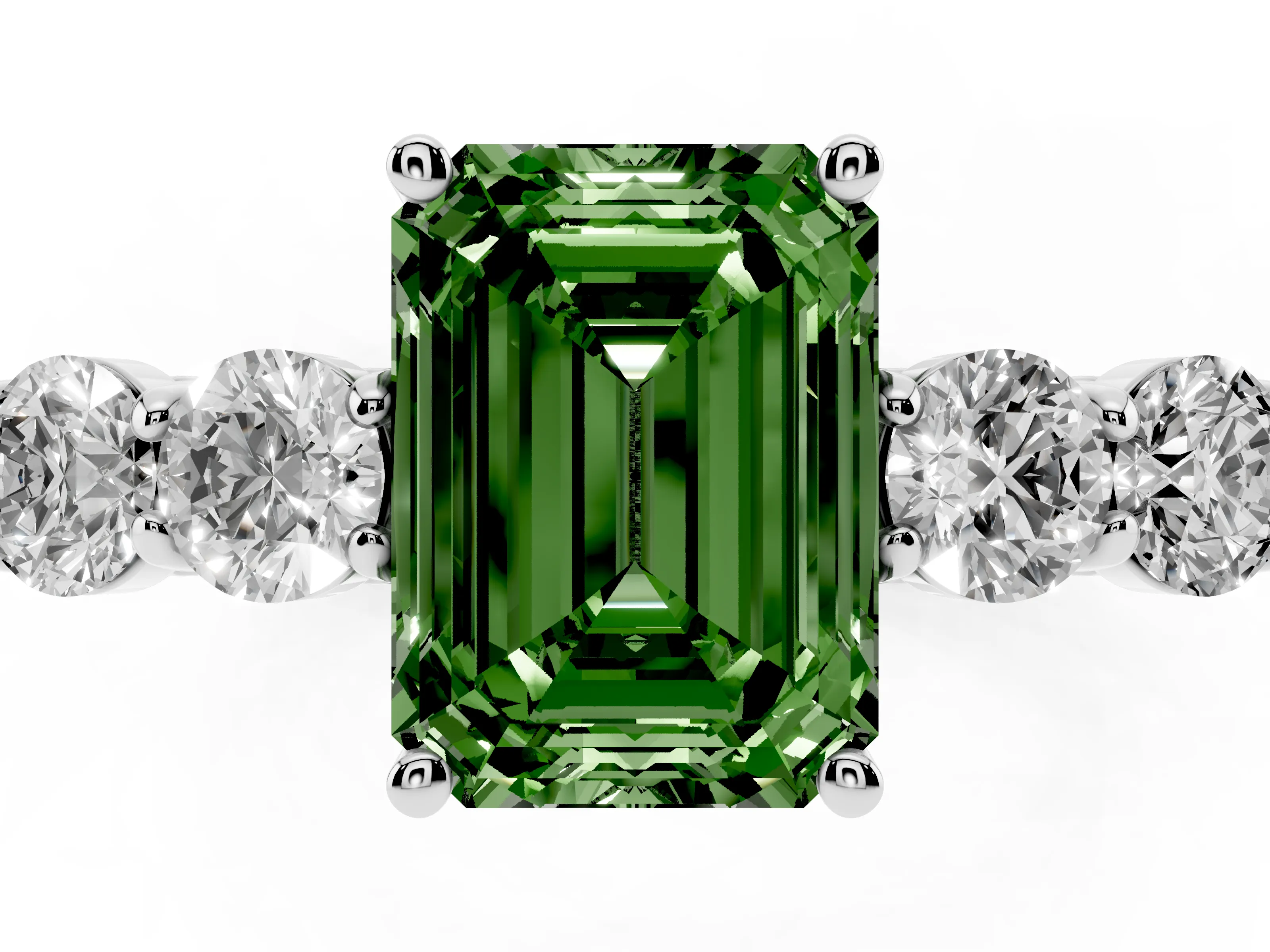 Fancy Green Emerald Cut Diamond Five-Stone Prong Set Band Ring Set in White gold with Polished Band