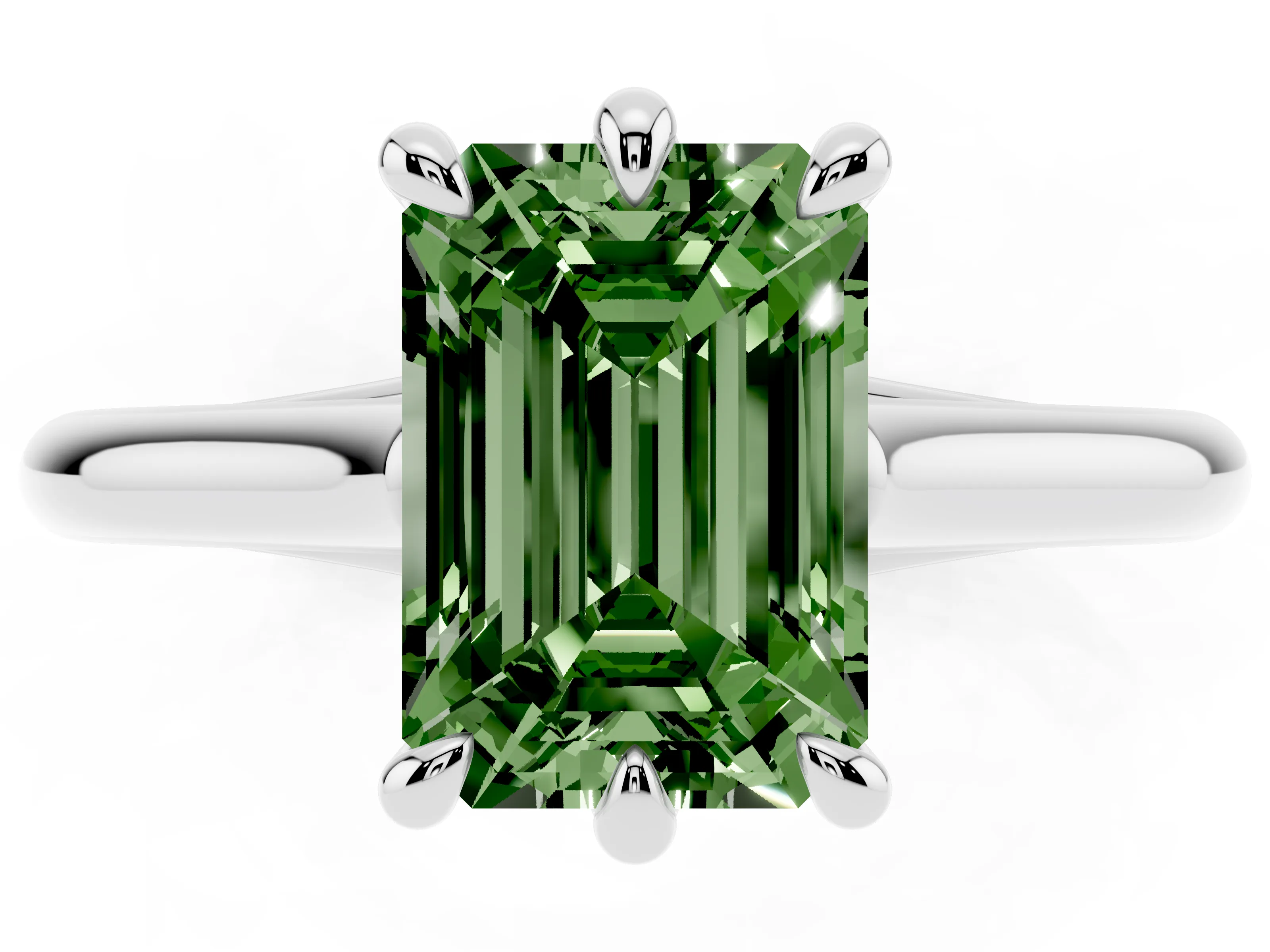 Fancy Green Emerald Cut Diamond Solitaire Engagement Ring Set in Silver with Prong Setting and Plain Classic Band