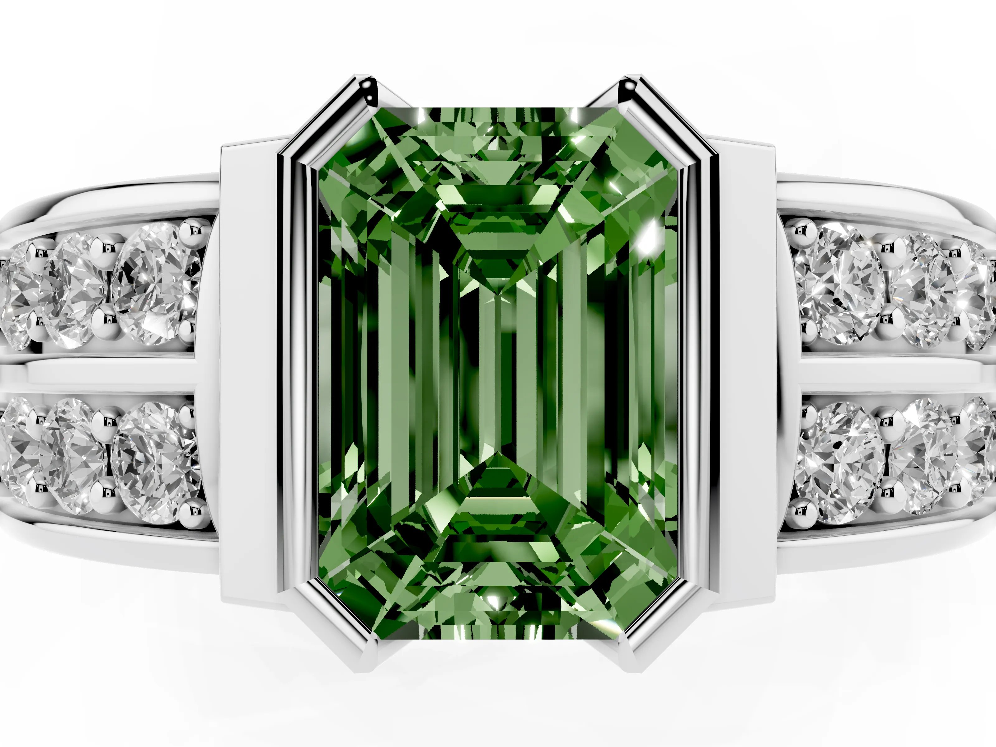 Fancy Green Emerald Cut Diamond Wide Channel Set Band Ring Set in Silver with Bezel Setting