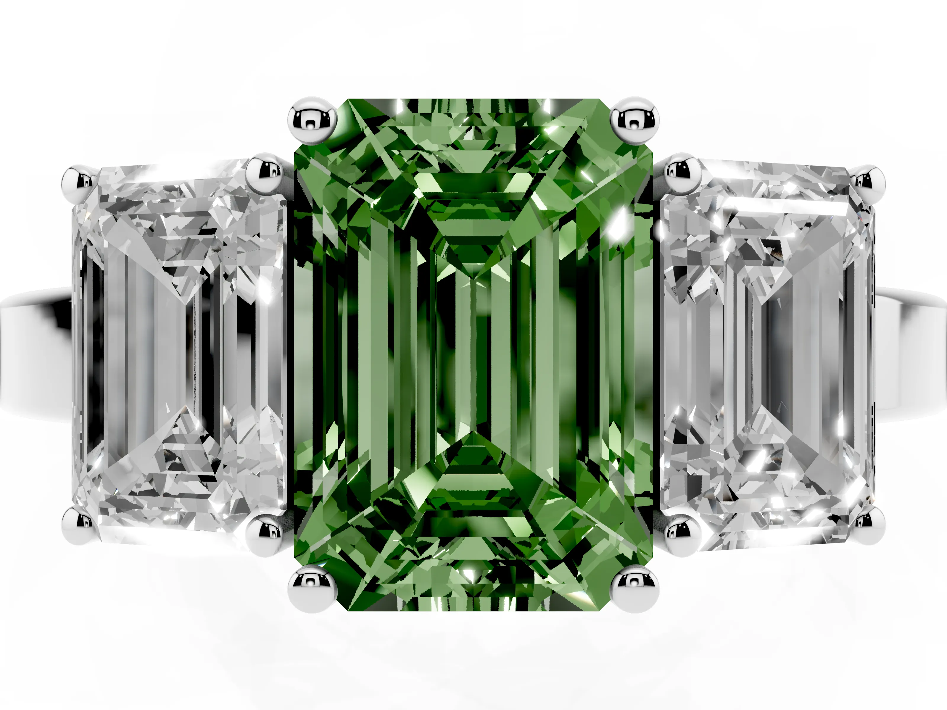 Fancy Green Emerald Cut Diamond Three-Stone Engagement Ring Set in Silver with Flat Band