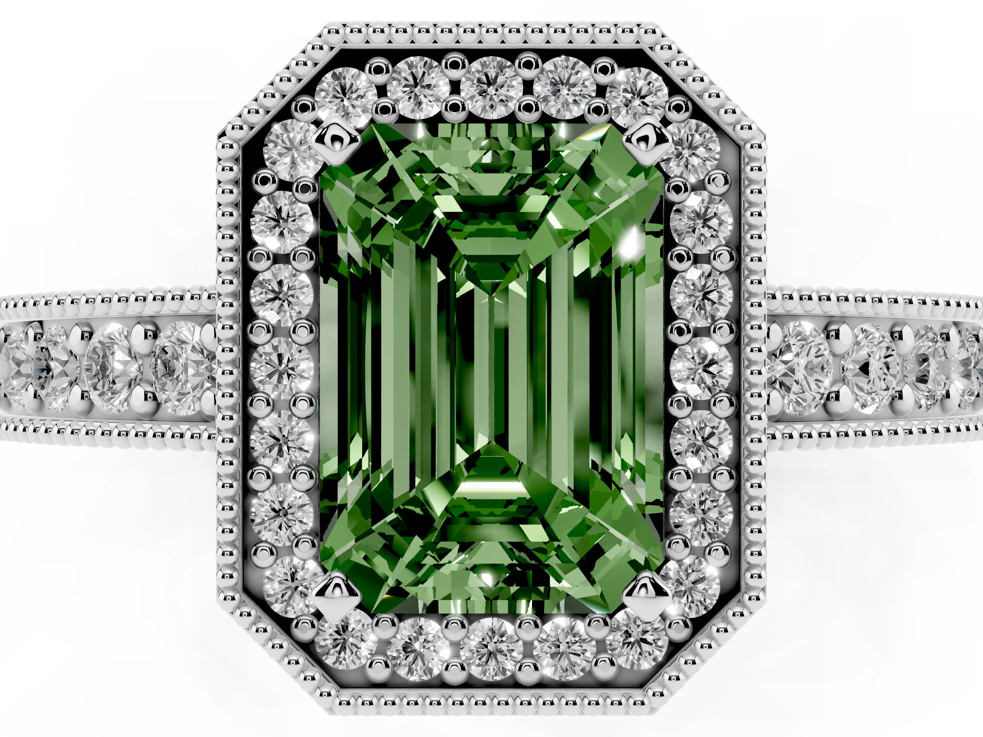 Fancy Green Emerald Cut Diamond Halo Pavé Band Ring Set in Platinum with Prong-Set Center