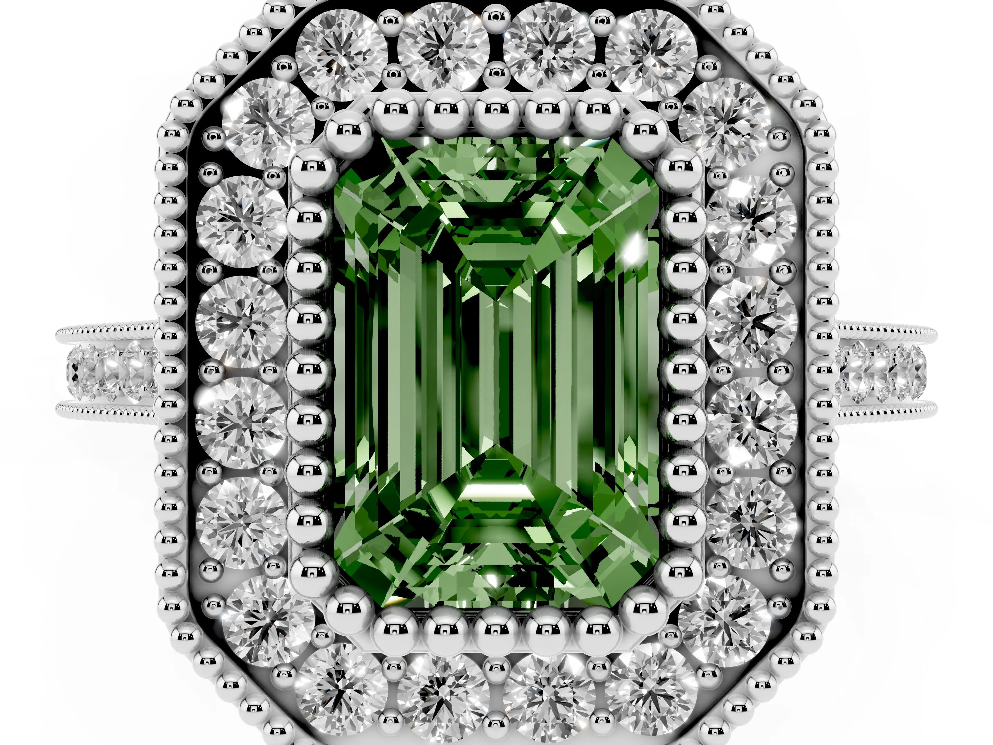 Fancy Green Emerald Cut Diamond Halo Ring Set in White gold with Milgrain Frame and Pavé Band