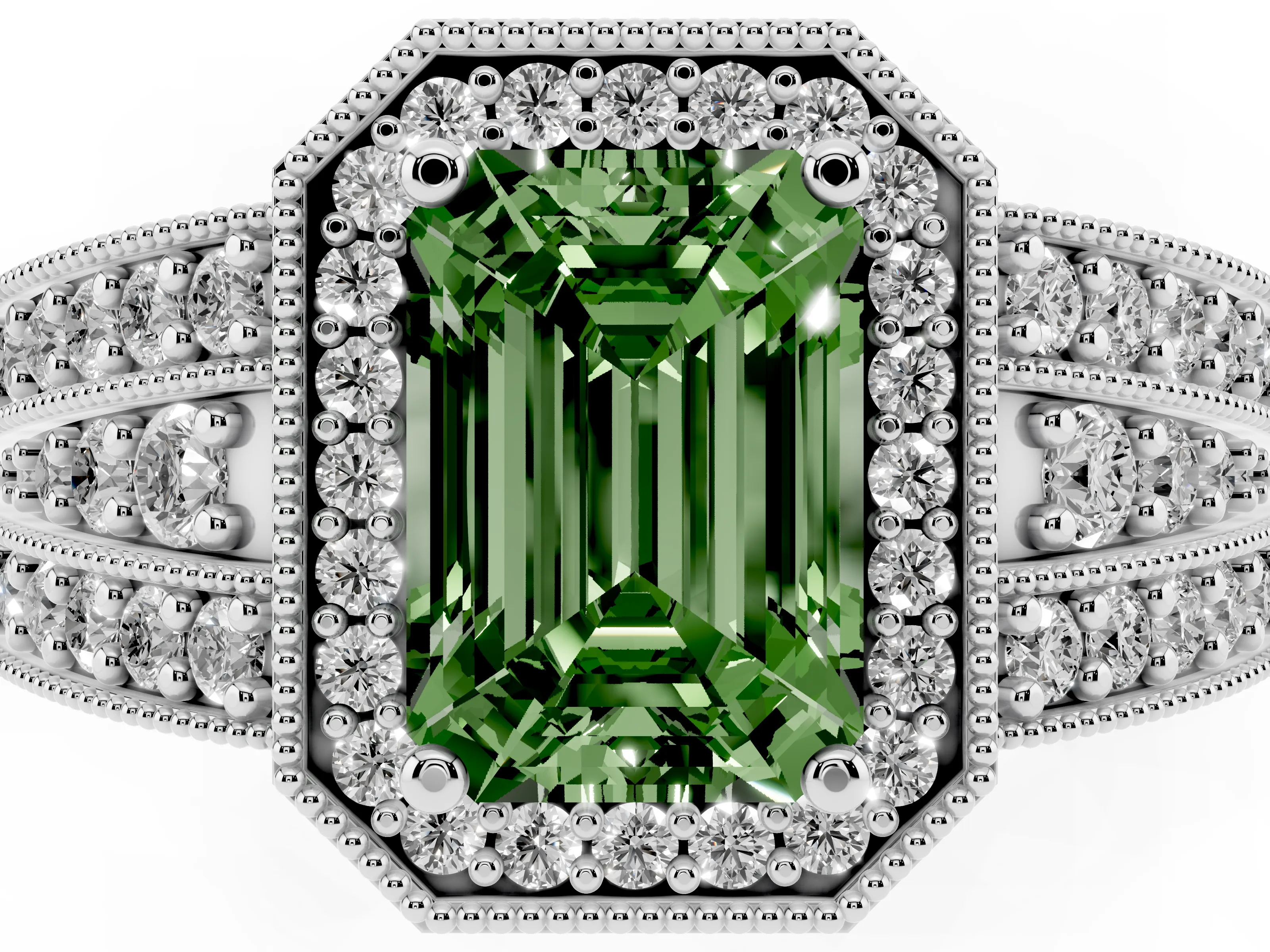 Fancy Green Emerald Cut Diamond Halo Ring Set in Silver with Accent Split Shank and Prong Setting