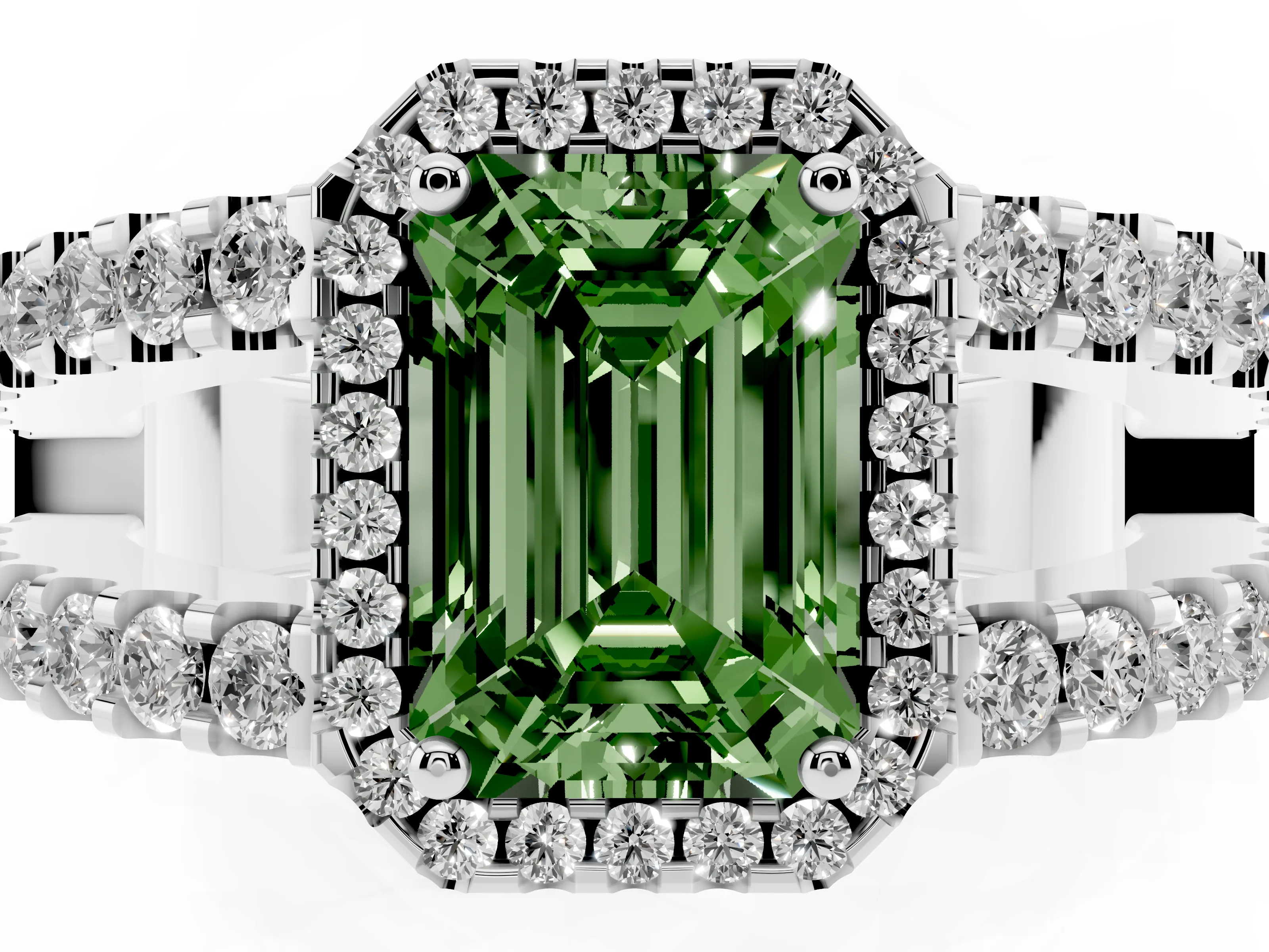 Fancy Green Emerald Cut Diamond Halo Ring Set in Silver with Pavé Split Shank and Prong Setting