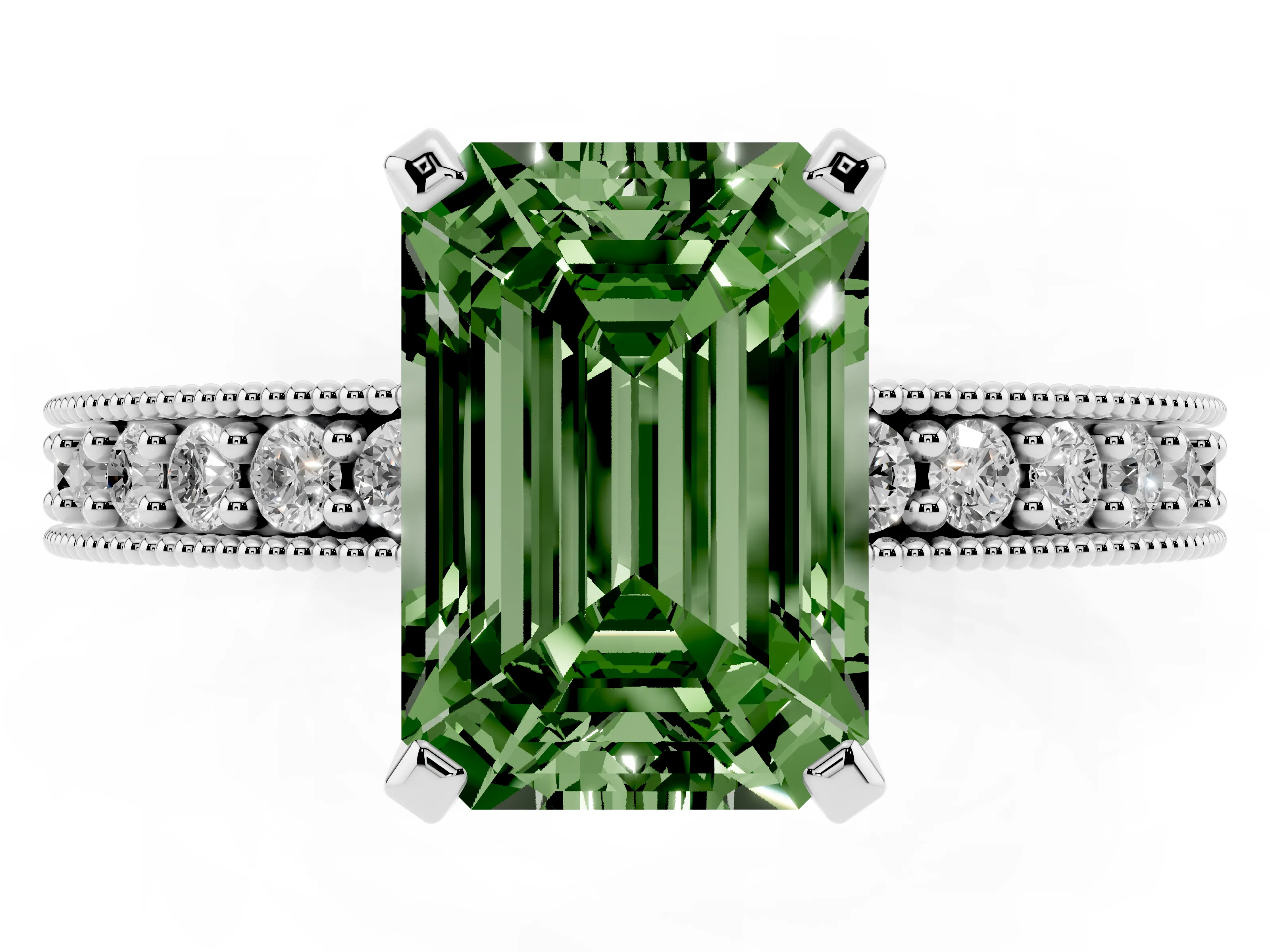Fancy Green Emerald Cut Diamond Milgrain Pavé Engagement Ring Set in White gold with Prong Setting