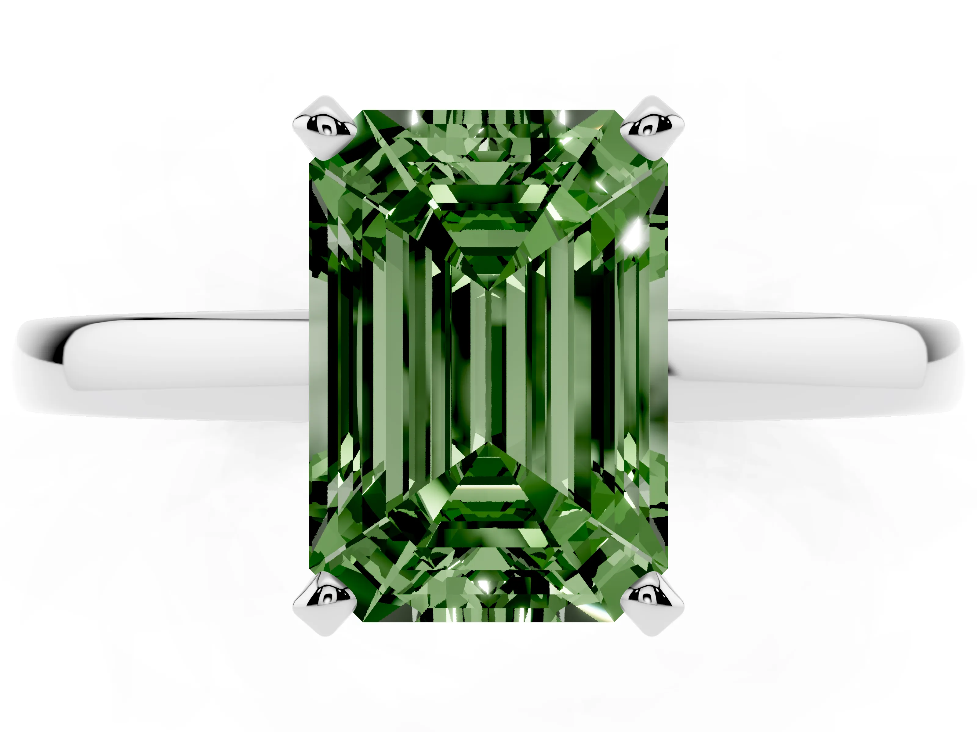 Fancy Green Emerald Cut Diamond Solitaire Engagement Ring Set in Platinum with Prong Setting on a Classic Band