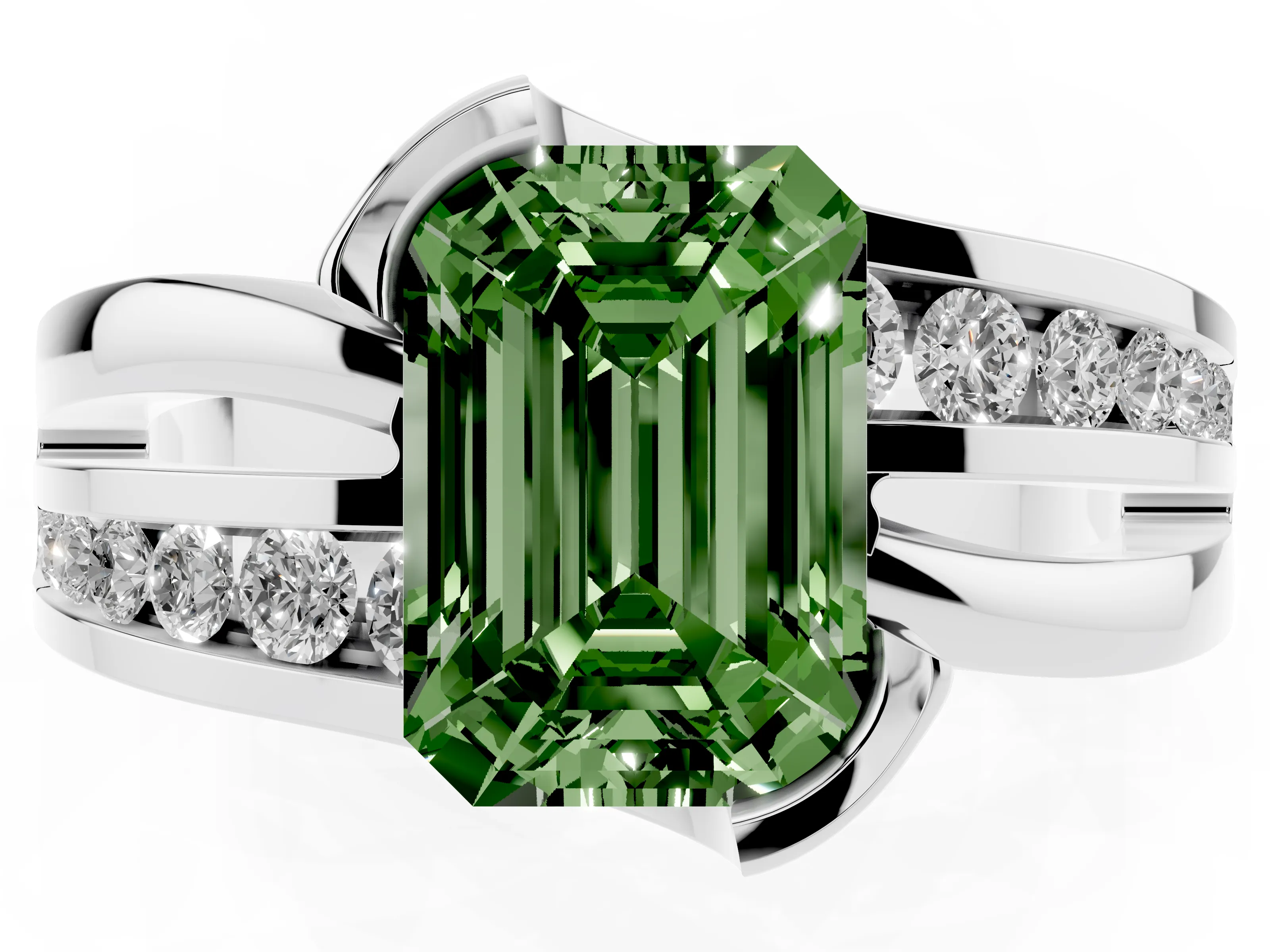 Fancy Green Emerald Cut Diamond Solitaire Ring Set in Platinum with Channel Set Split Shank and Tension Prongs
