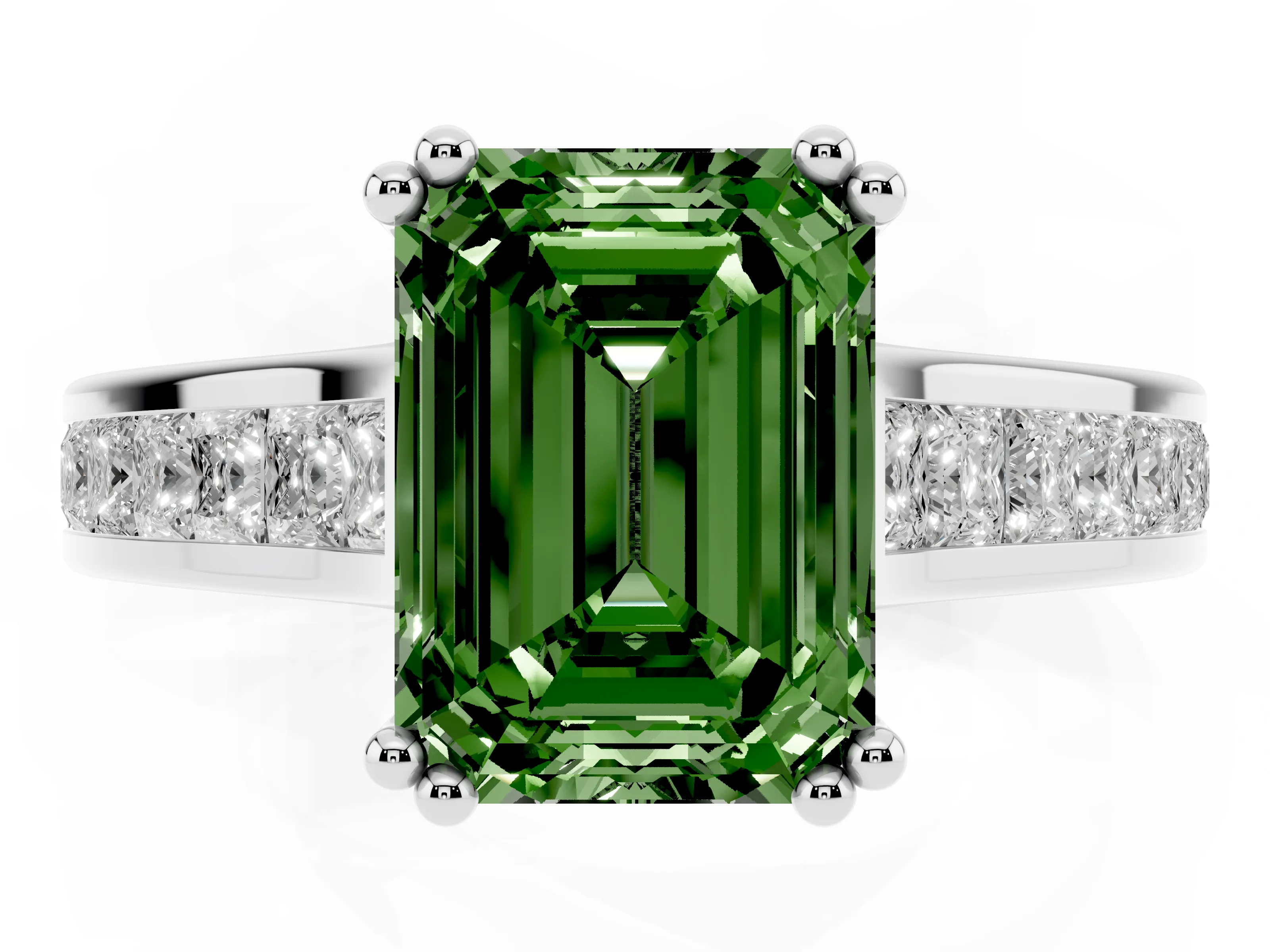 Fancy Green Emerald Cut Diamond Channel Set Solitaire Engagement Ring Set in Platinum with Prong Setting