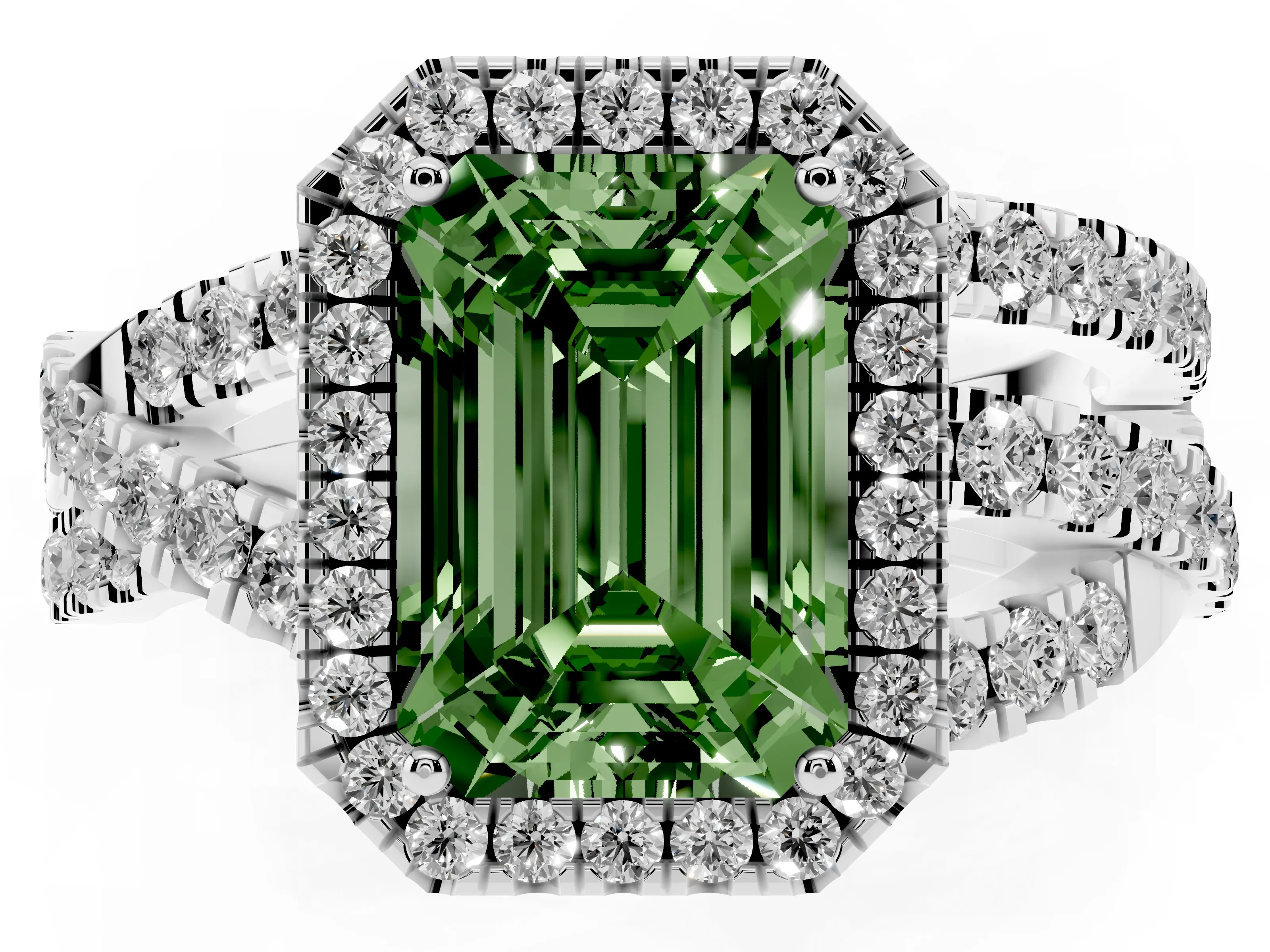 Fancy Green Emerald Cut Diamond Halo Ring Set in Silver with Round Crossover Split Shank and Prong Setting
