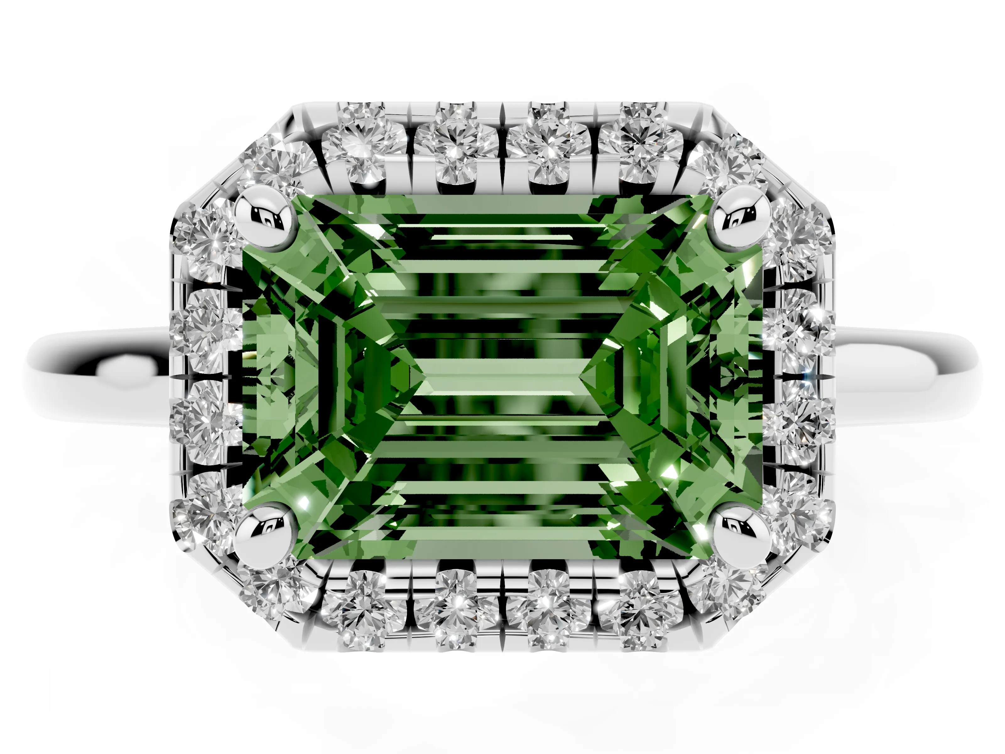 Fancy Green Emerald Cut Diamond Halo Engagement Ring Set in White gold with Pavé Band and Rising Shoulders