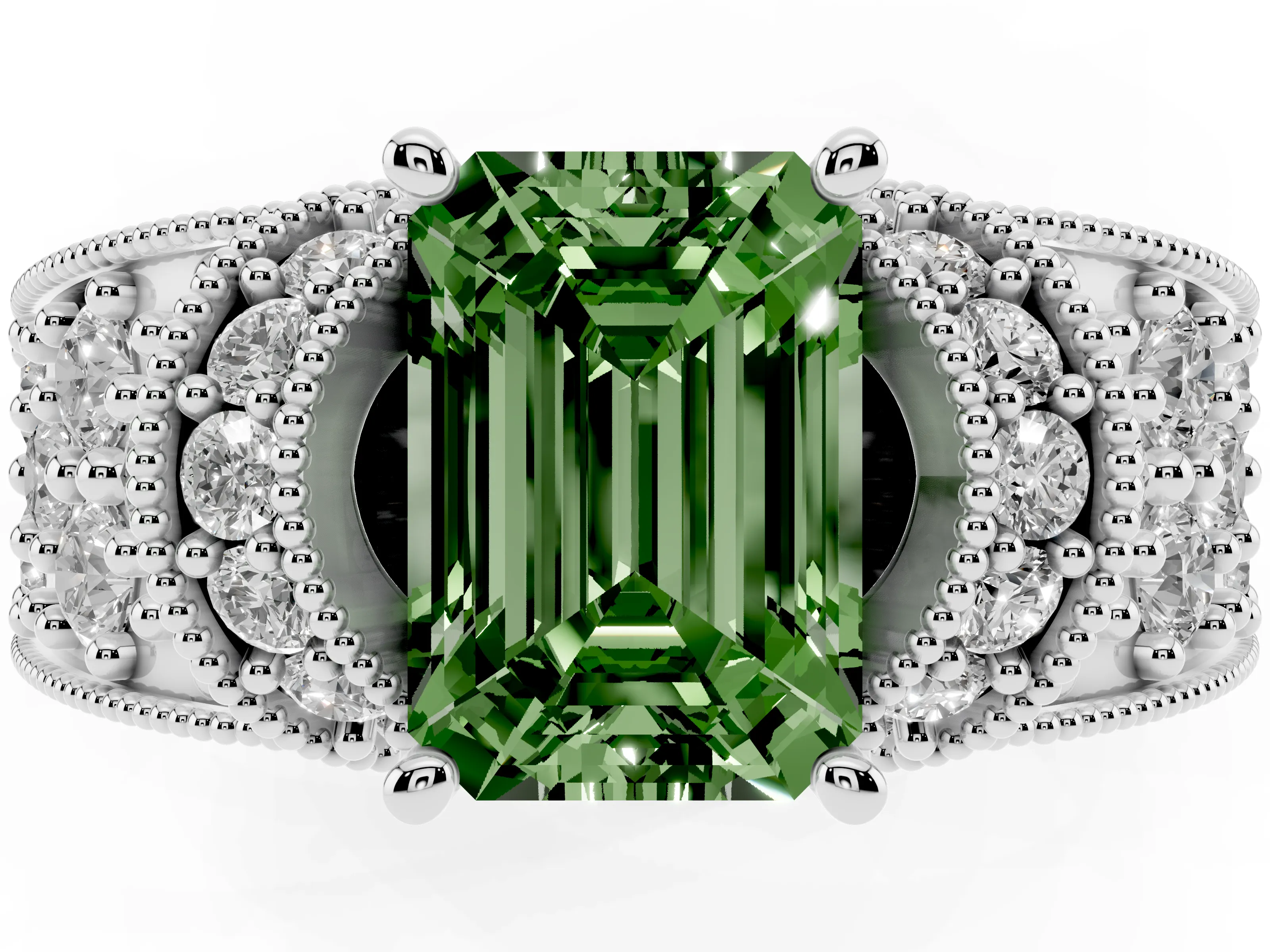 Fancy Green Emerald Cut Diamond Milgrain Halo Pavé Engagement Ring Set in Silver with Prong Setting