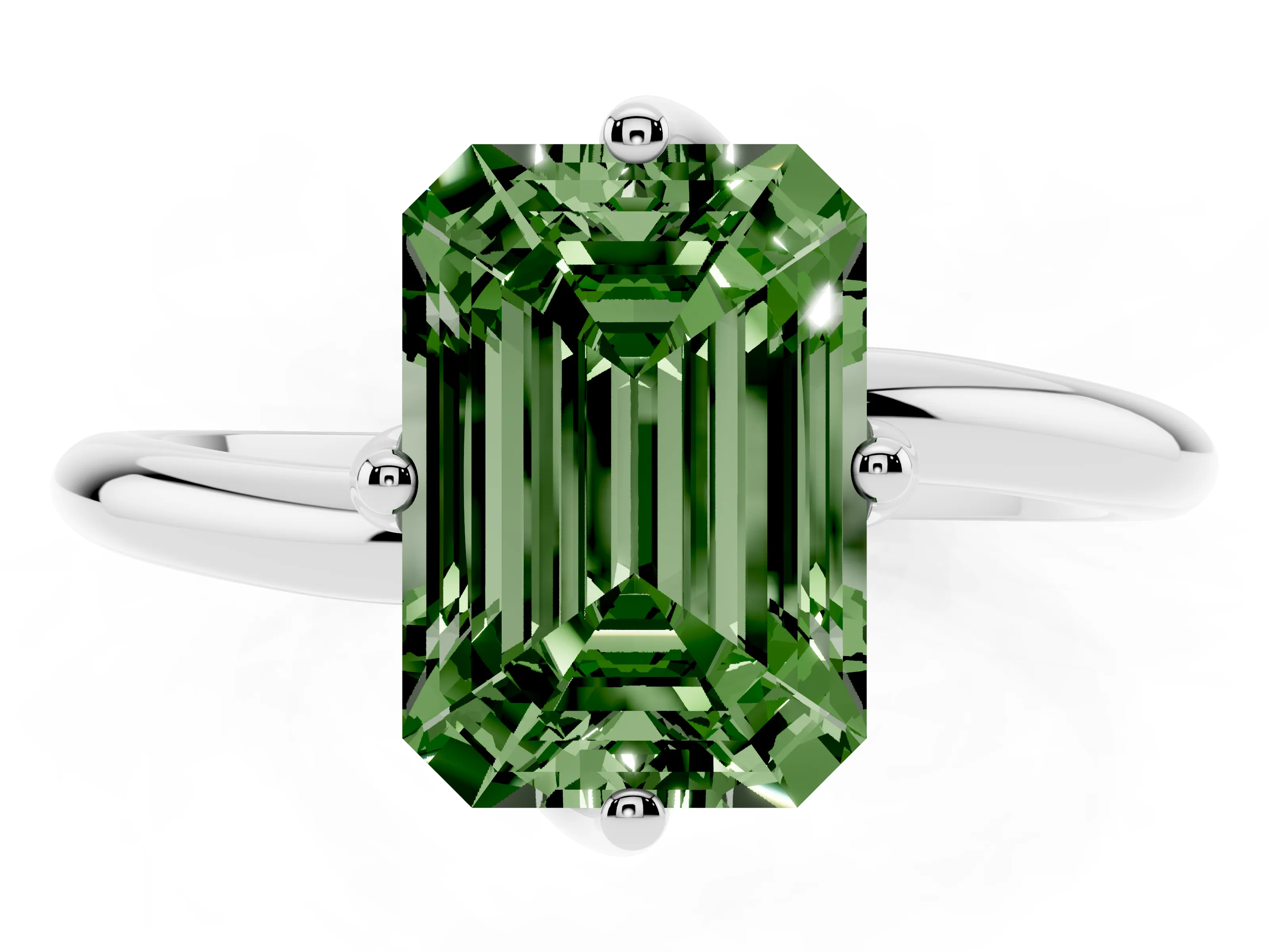 Fancy Green Emerald Cut Diamond Solitaire Engagement Ring Set in White gold with Classic Plain Band