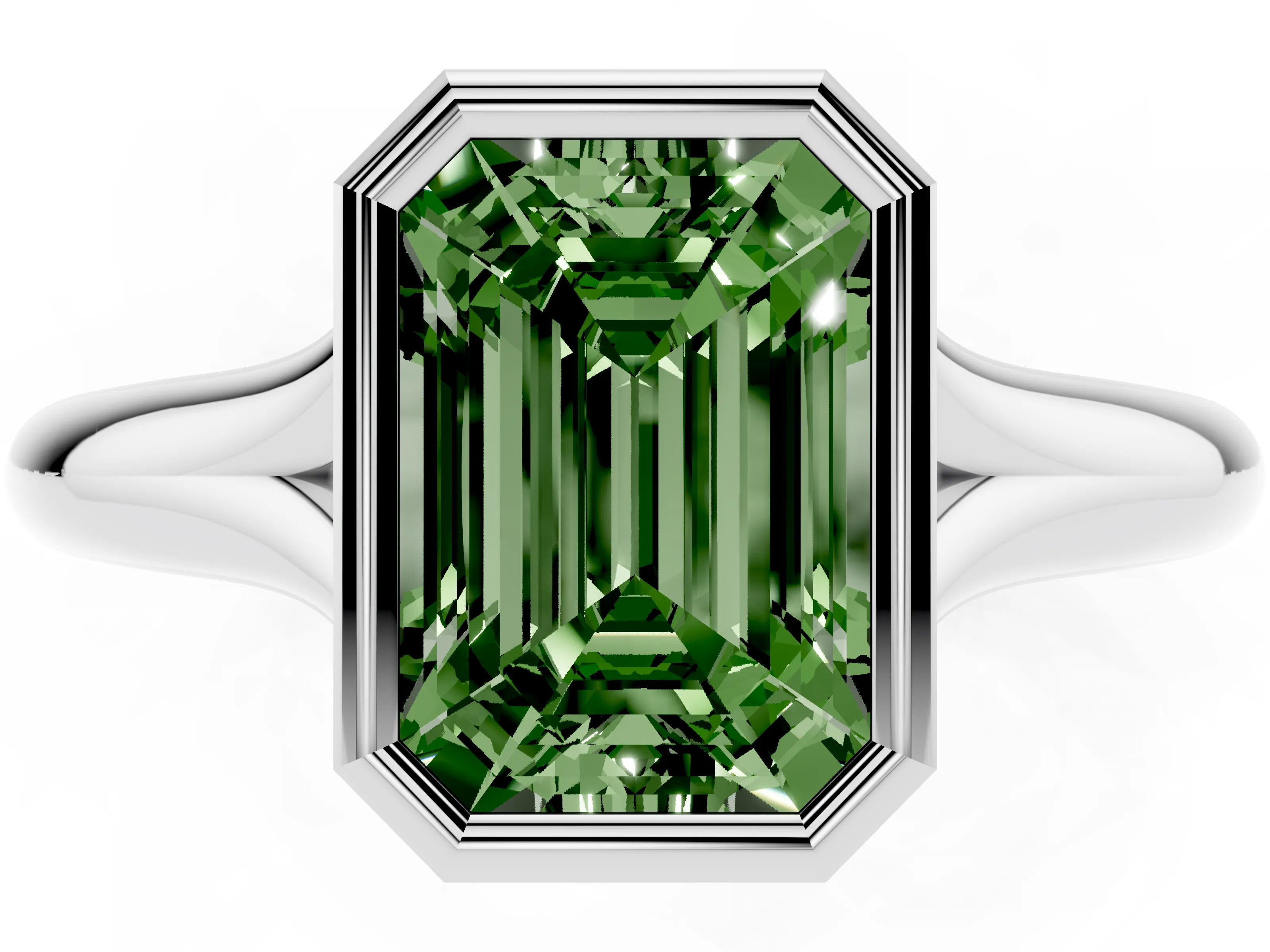 Fancy Green Bezel Set Emerald Cut Diamond Solitaire Ring Set in Platinum with Smooth Band