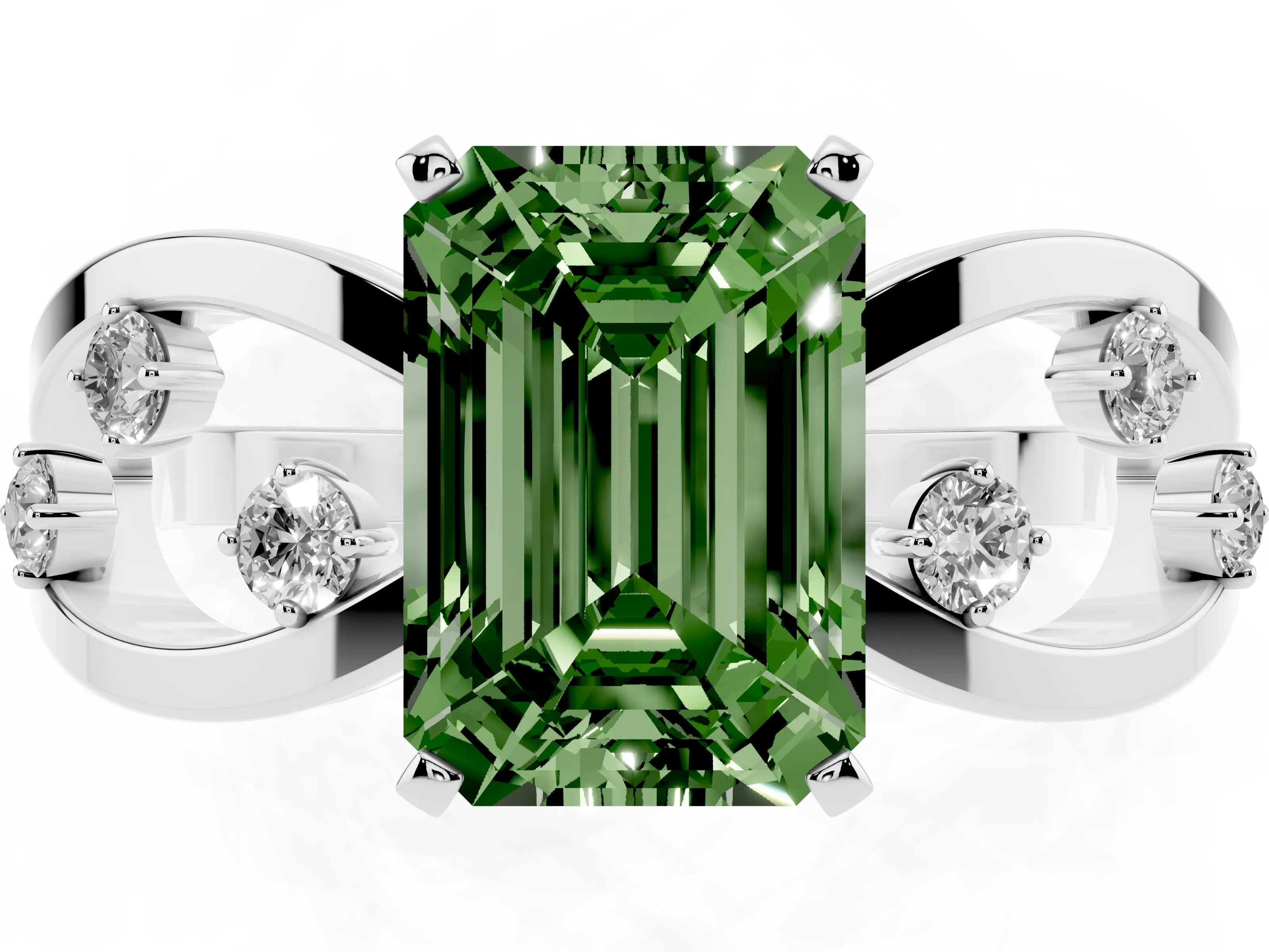 Fancy Green Emerald Cut Diamond Solitaire Ring Set in Platinum with Side Stones on Criss-Cross Band and Prong Setting