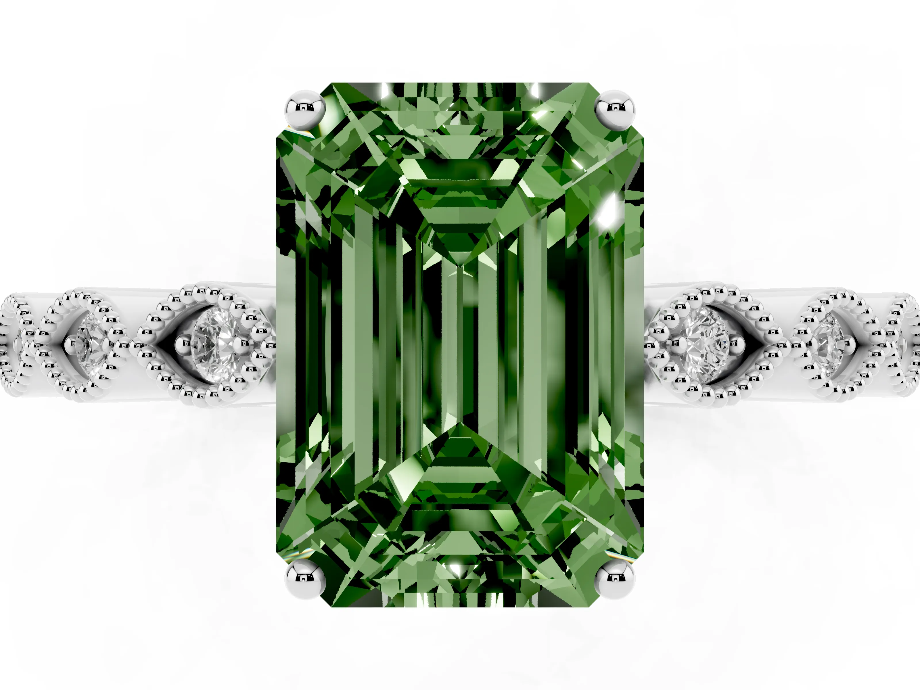 Fancy Green Emerald Cut Diamond Solitaire Ring Set in Platinum with Infinity Twist Pavé Band
