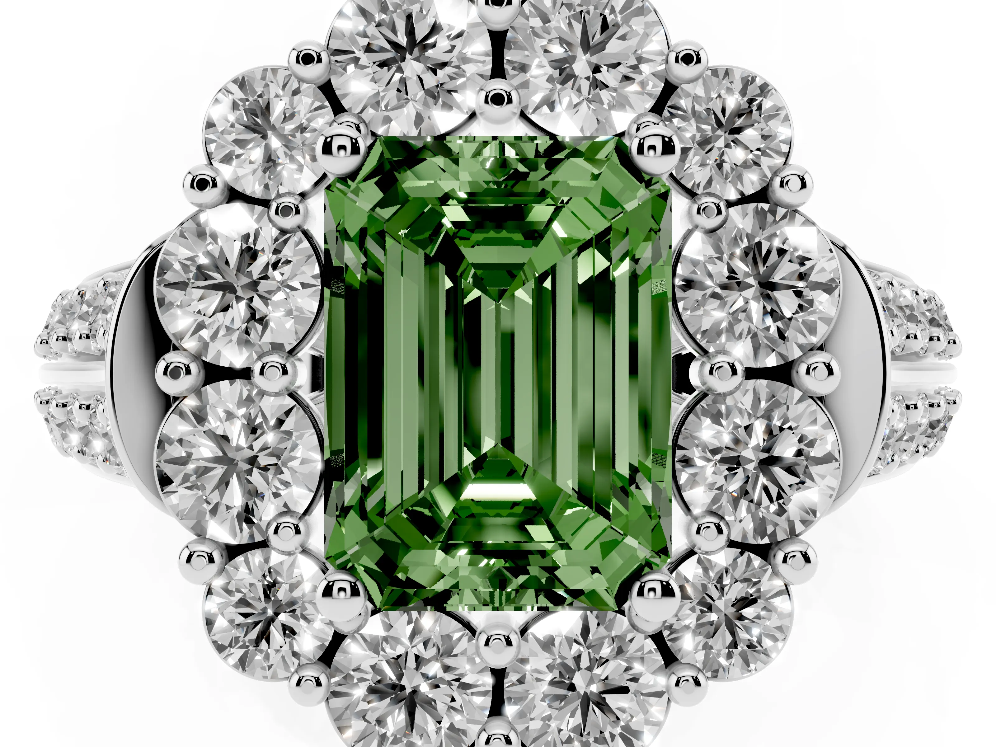 Fancy Green Emerald Cut Diamond Halo Engagement Ring Set in Silver with Split Shank and Prong Setting
