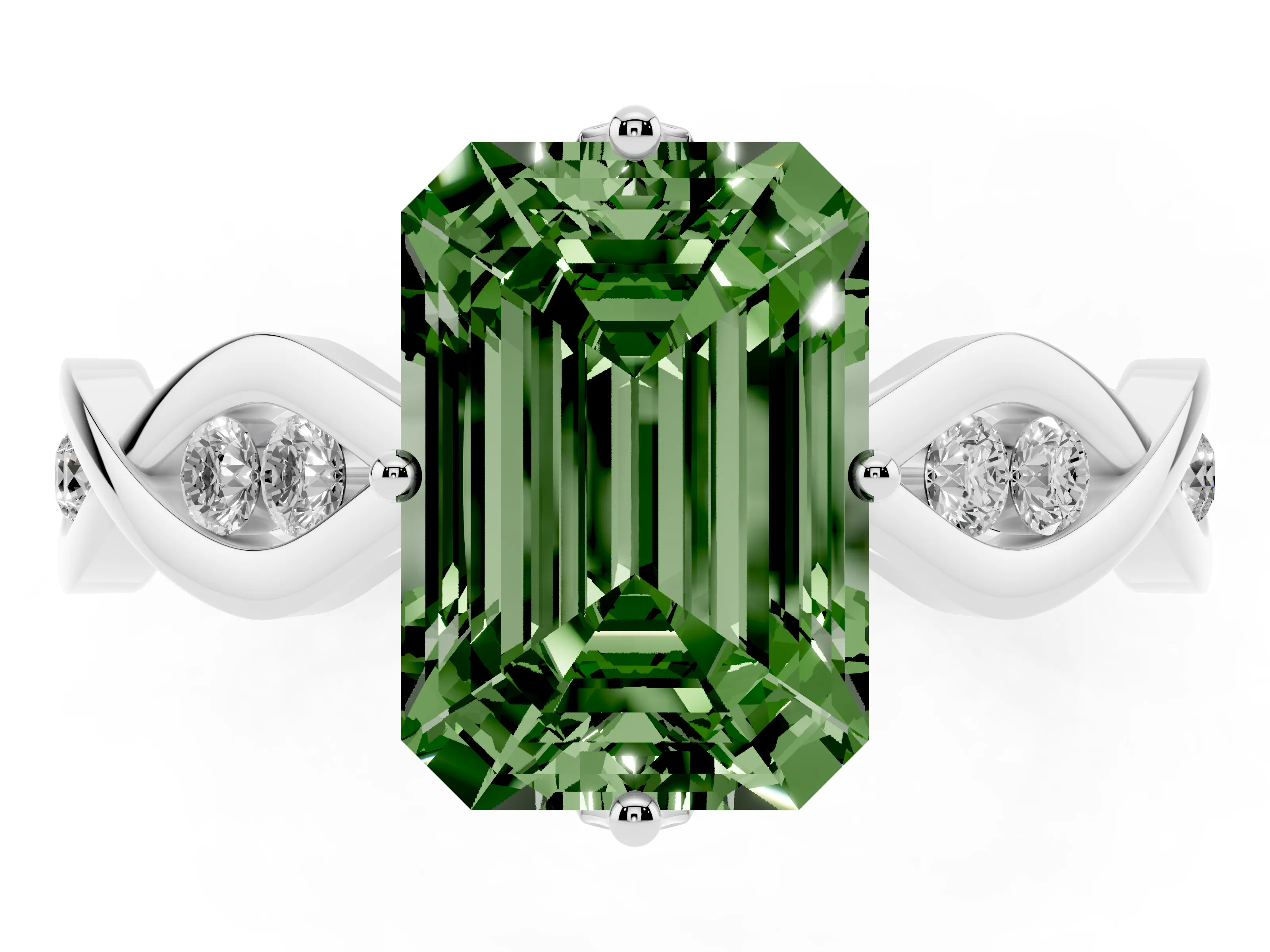 Fancy Green Emerald Cut Diamond Twist Band Solitaire Ring Set in Platinum with Leaf Prong Setting and Accent Stones