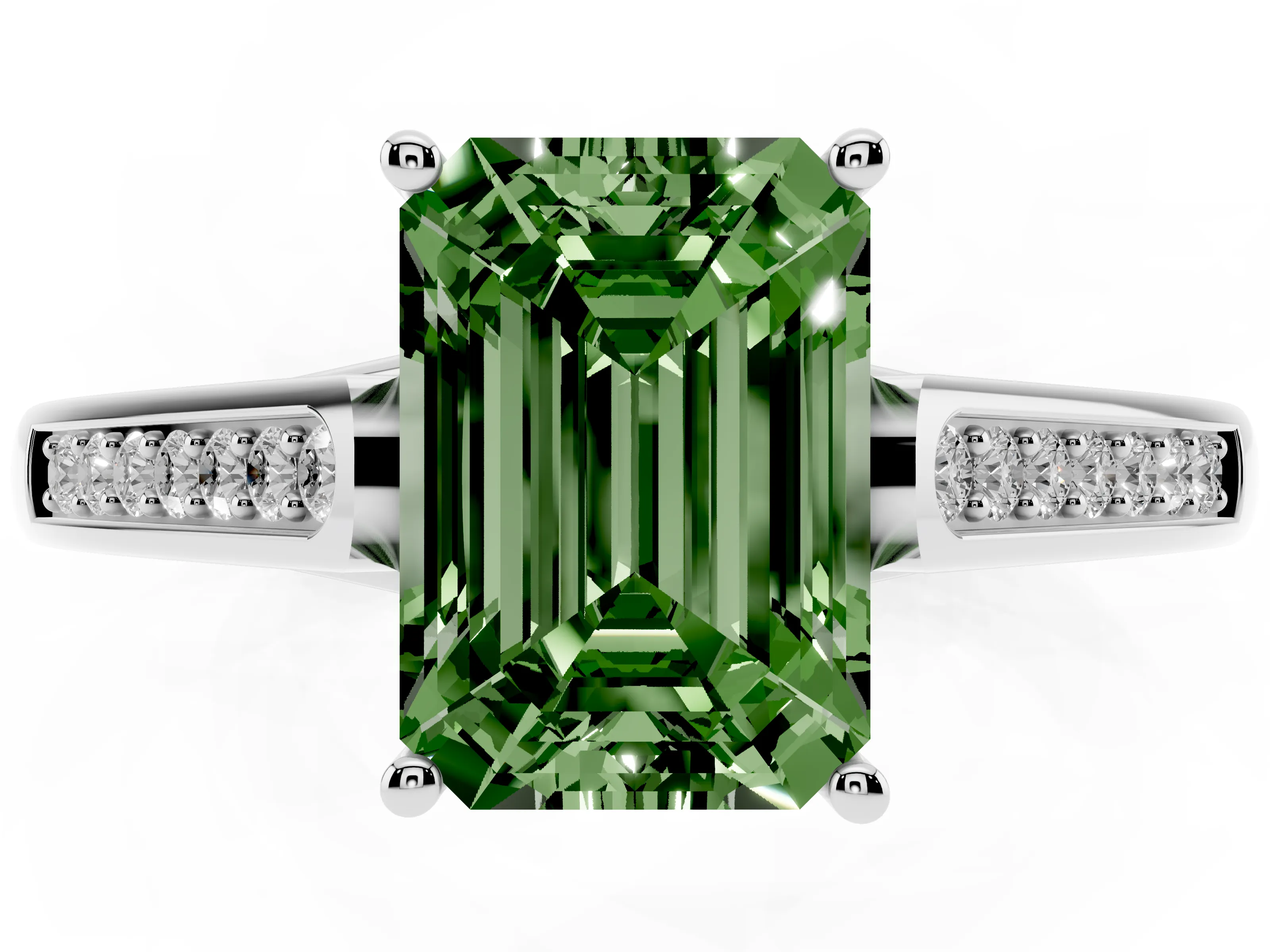 Fancy Green Emerald Cut Diamond Solitaire Cathedral Engagement Ring Set in White gold with Channel-Set Band and Prong Setting