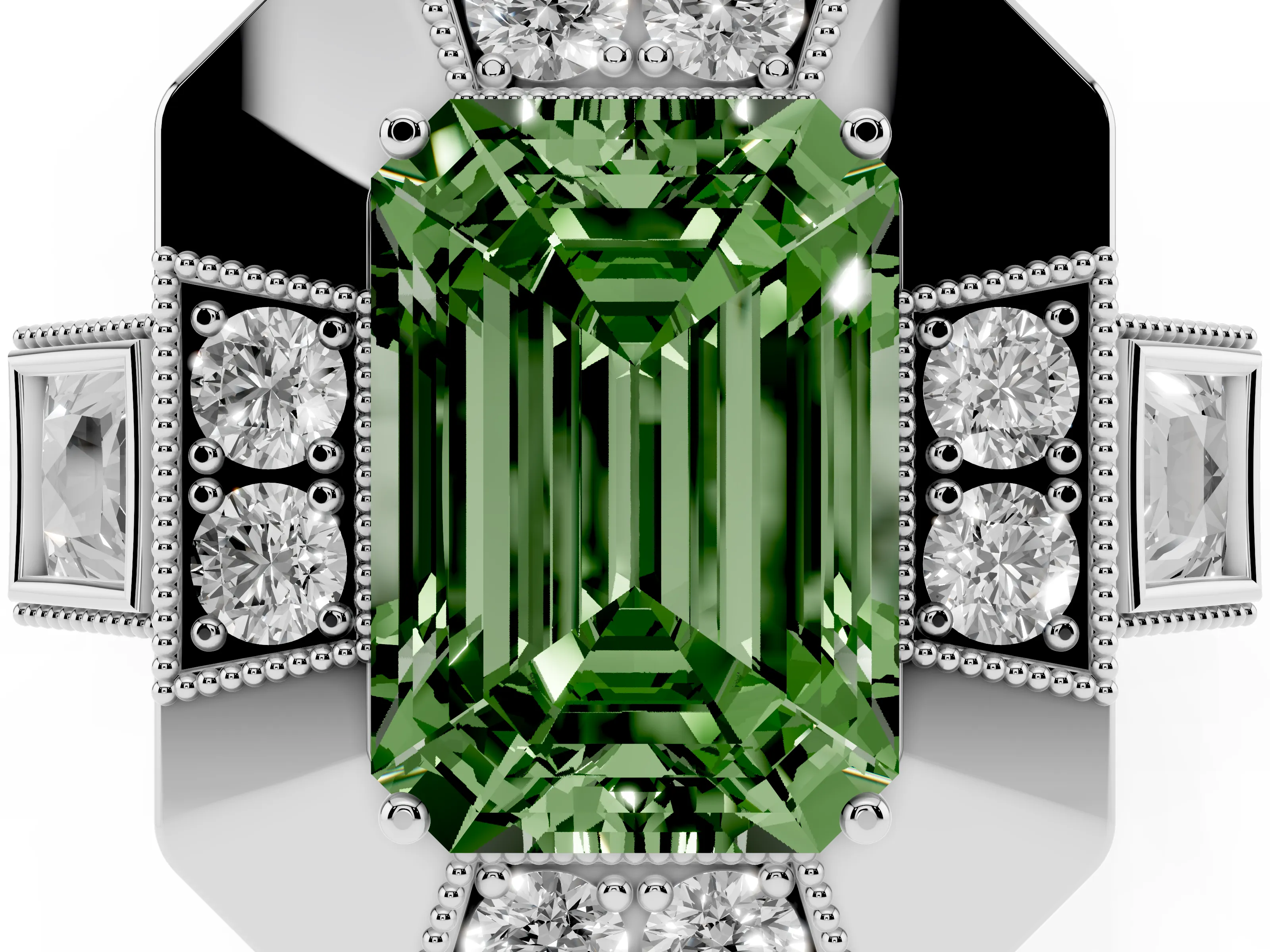 Fancy Green Emerald Cut Diamond Milgrain Halo Ring Set in Silver with Split Shank