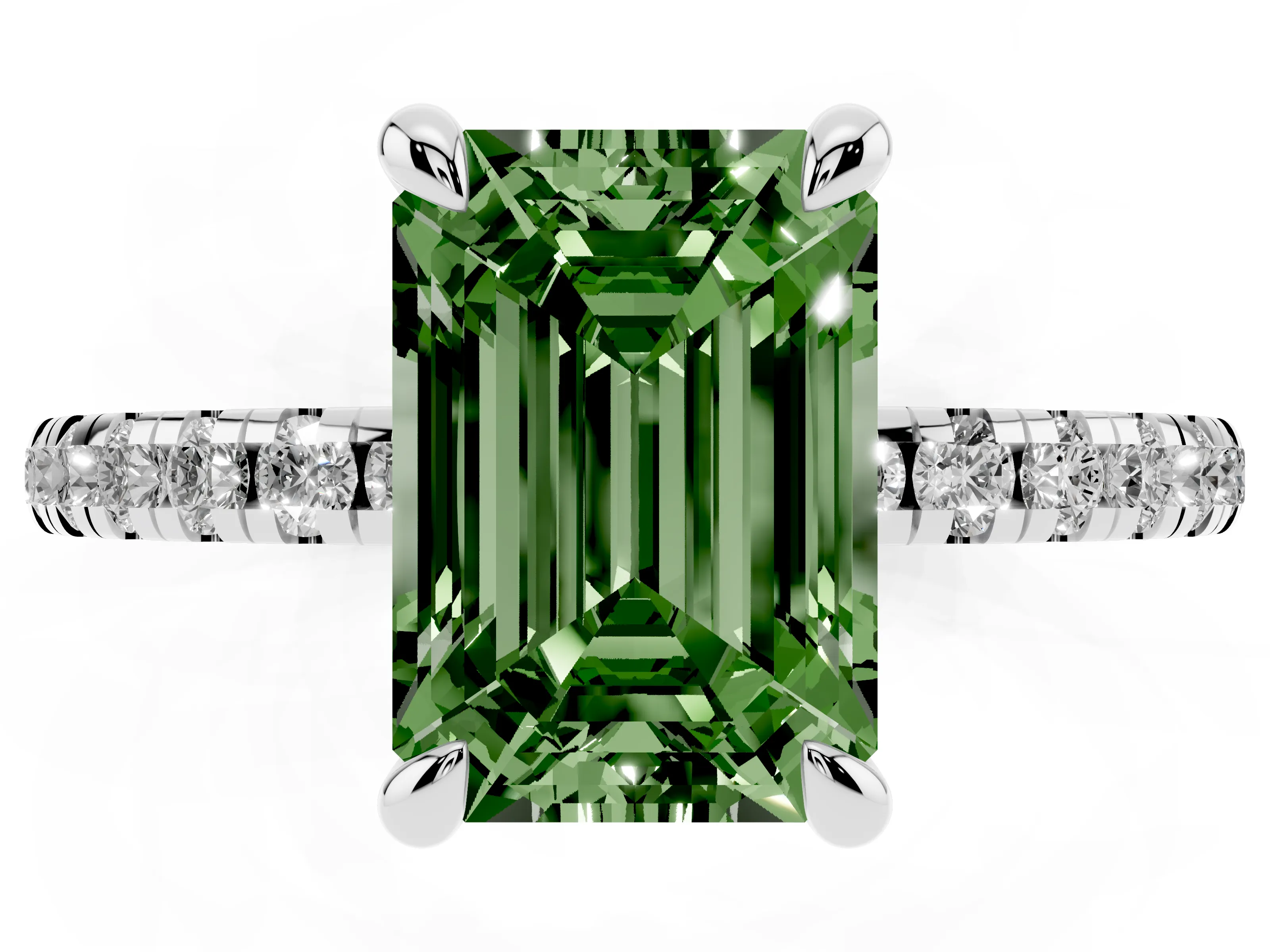 Fancy Green Emerald Cut Diamond Brilliant Solitaire Ring Set in White gold with Pavé Band and Prong Setting