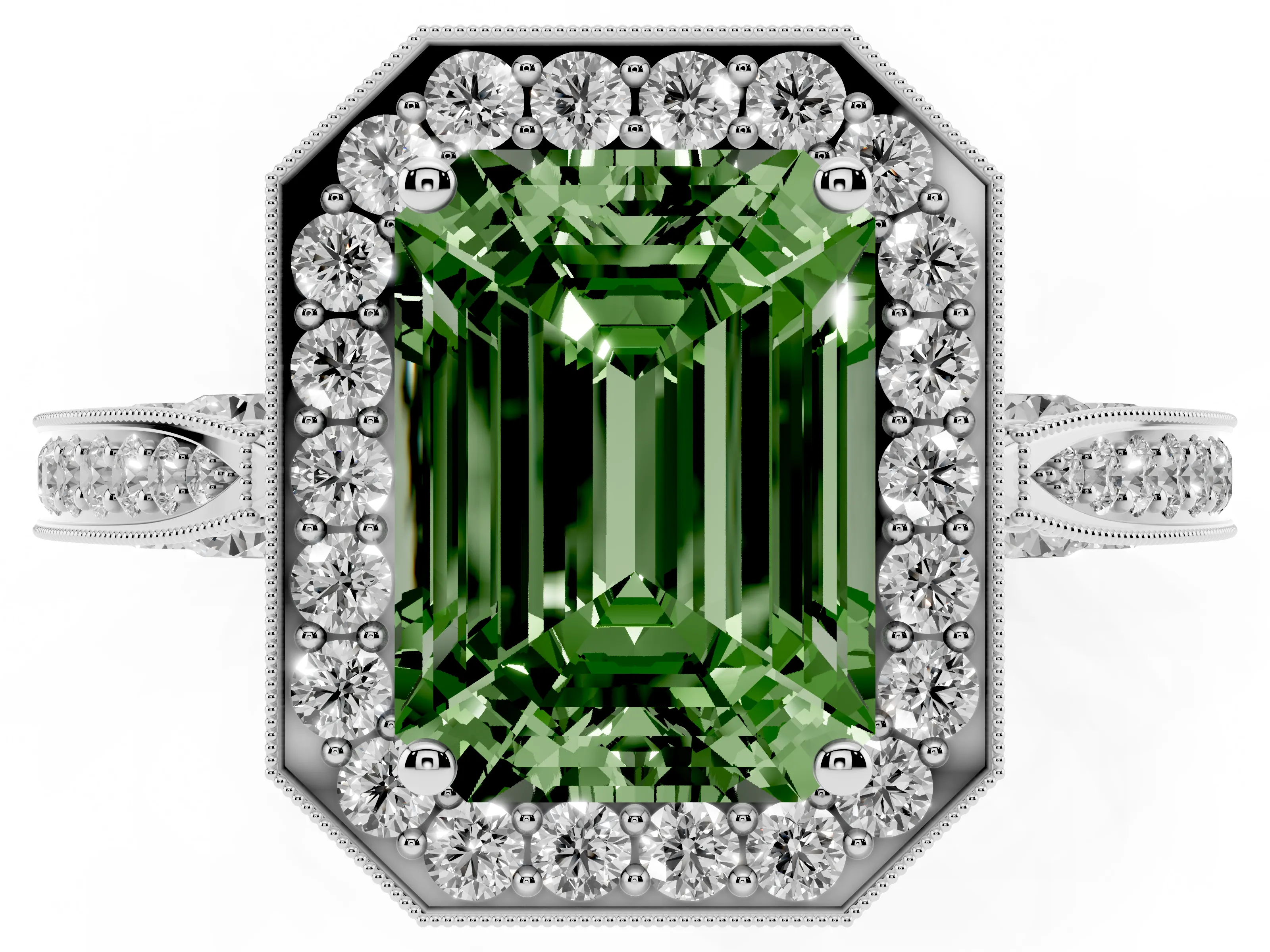 Fancy Green Emerald Cut Diamond Halo Engagement Ring Set in Platinum with Accent Split Shank Band