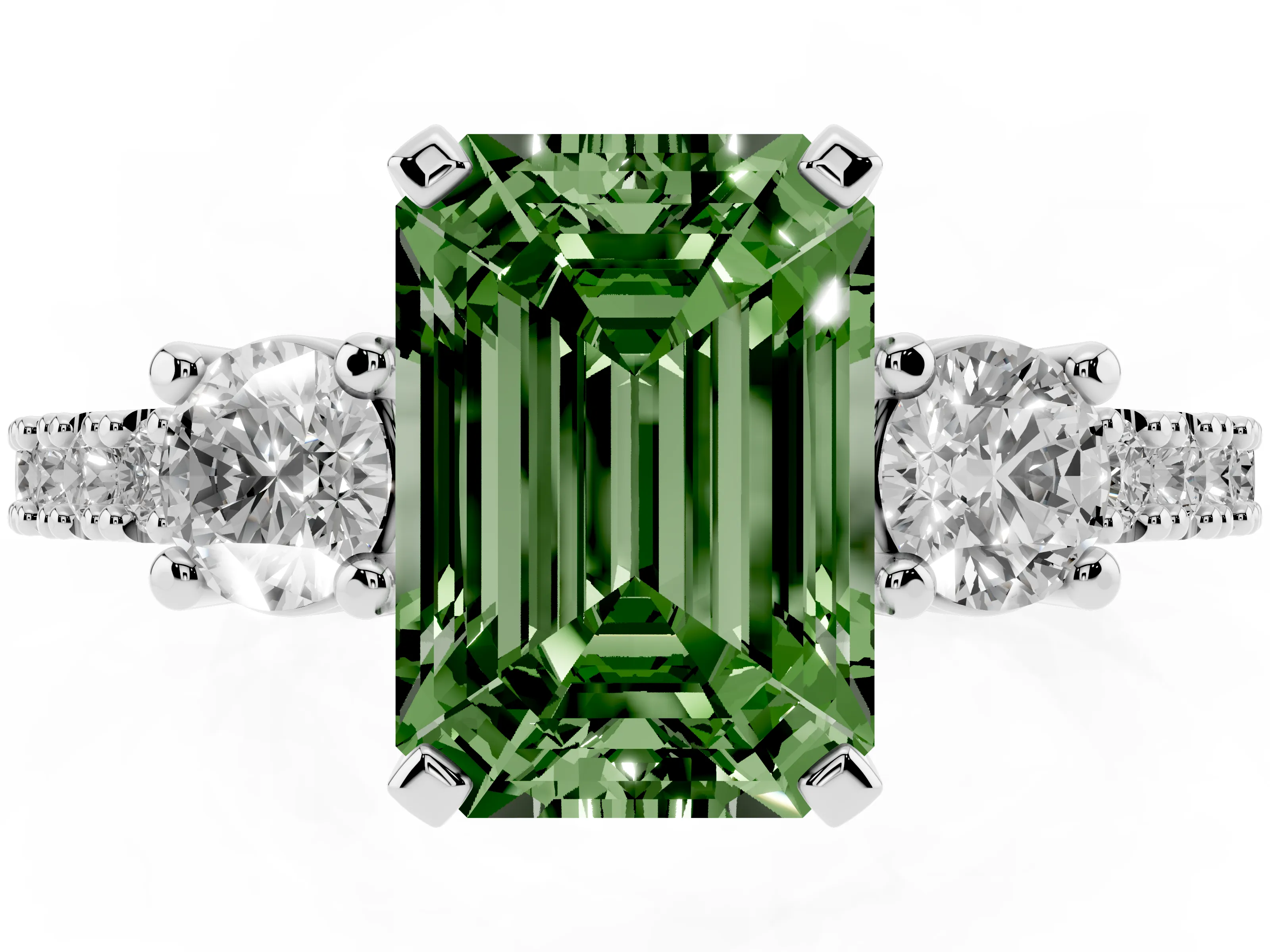 Fancy Green Three-Stone Emerald Cut Diamond Pavé Band Ring Set in White gold with Prong Setting