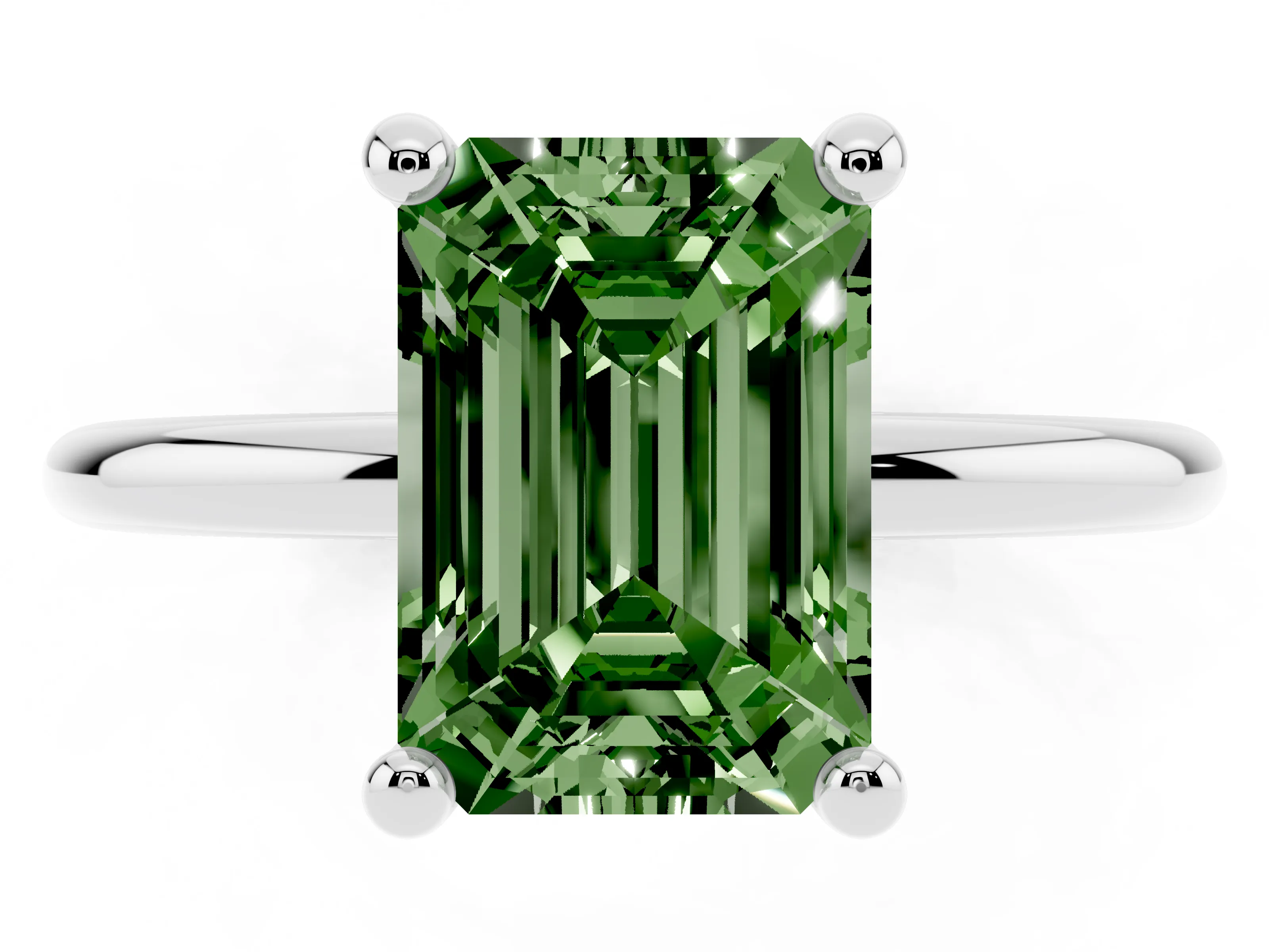 Fancy Green Emerald Cut Diamond Solitaire Ring Set in Platinum with Secure Prong Setting on a Classic Band