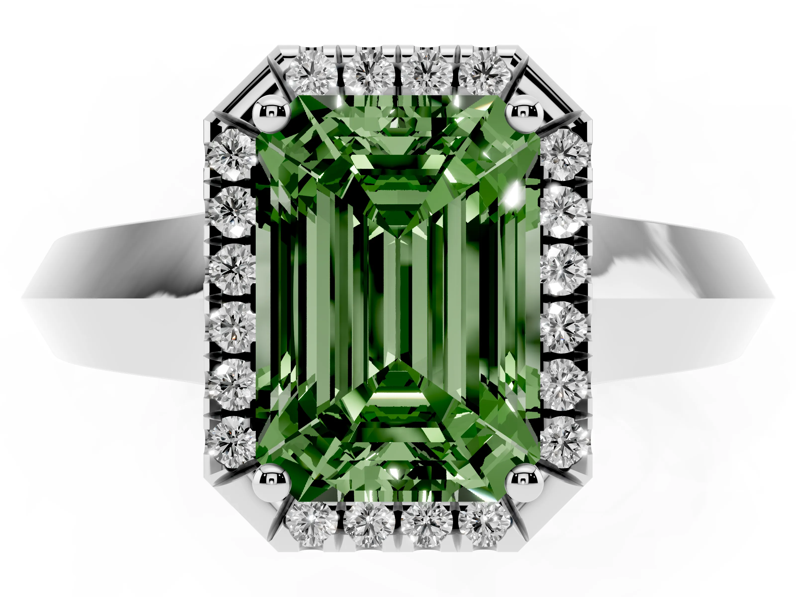 Fancy Green Emerald Cut Diamond Halo Ring Set in White gold with Cathedral Band and Prong Setting