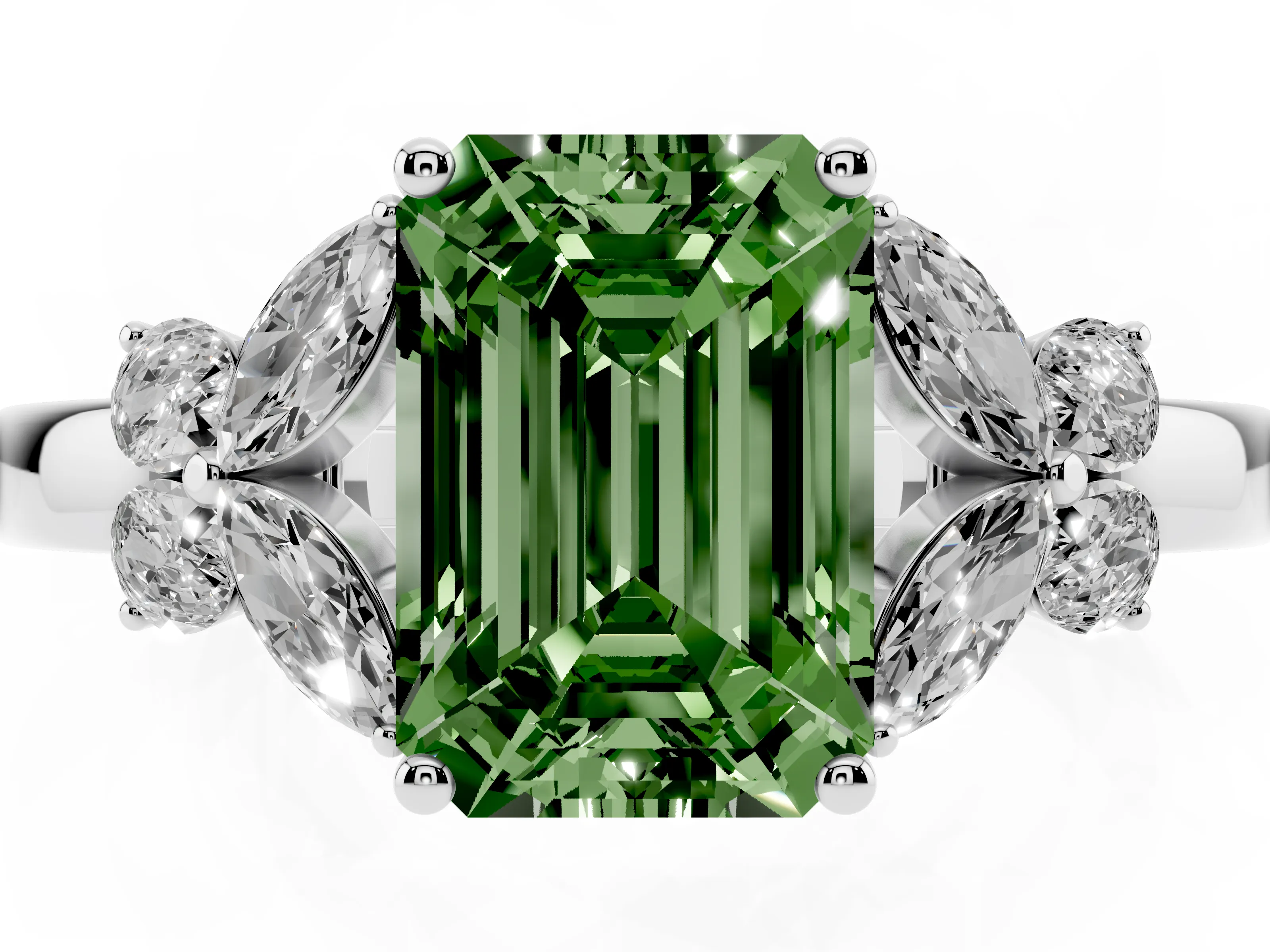 Fancy Green Emerald Cut Diamond Solitaire Floral Ring Set in Platinum with Marquise Petals and Prong Setting