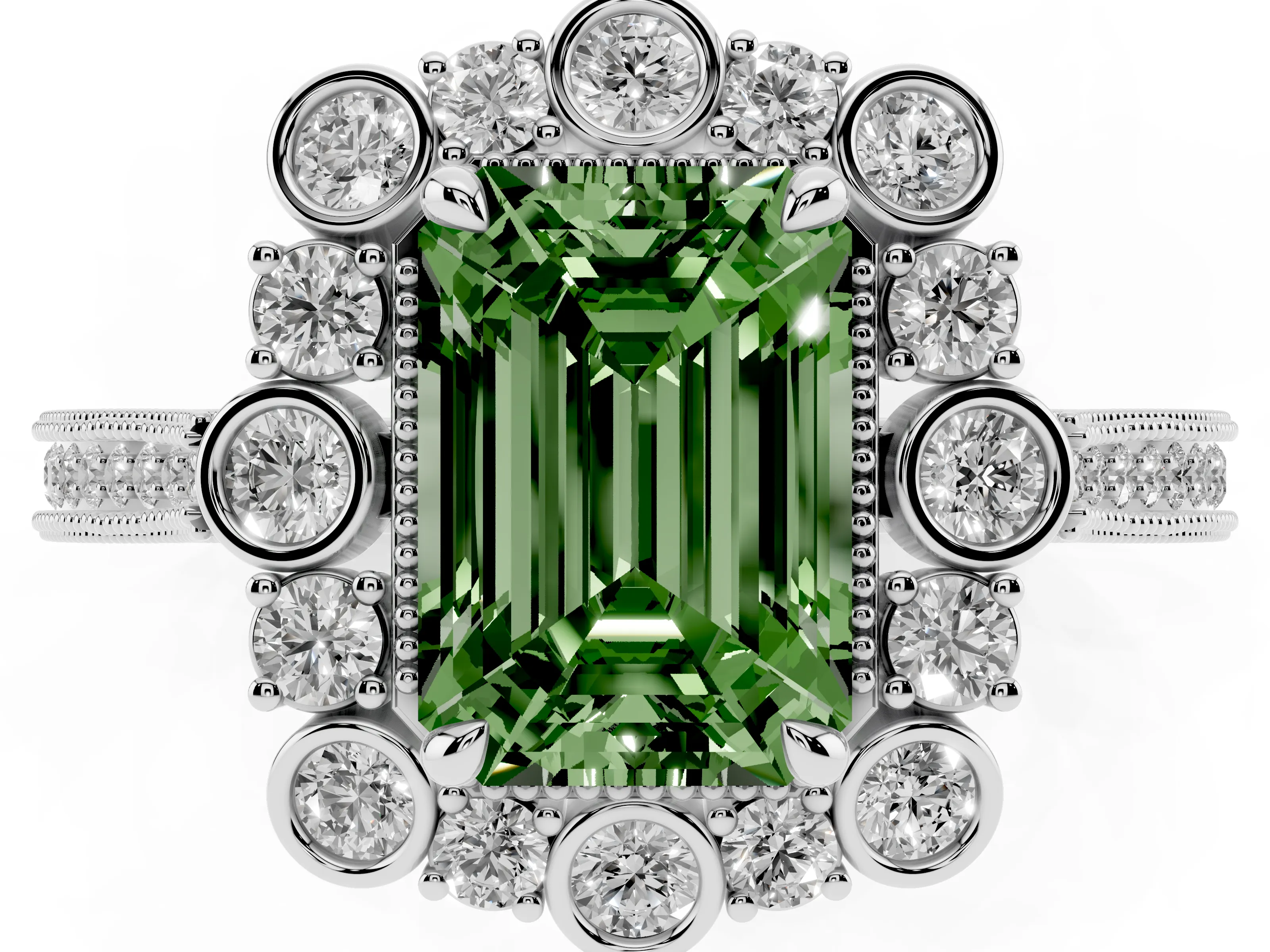 Fancy Green Emerald Cut Diamond Halo Milgrain Pavé Ring Set in White gold with Prong Setting