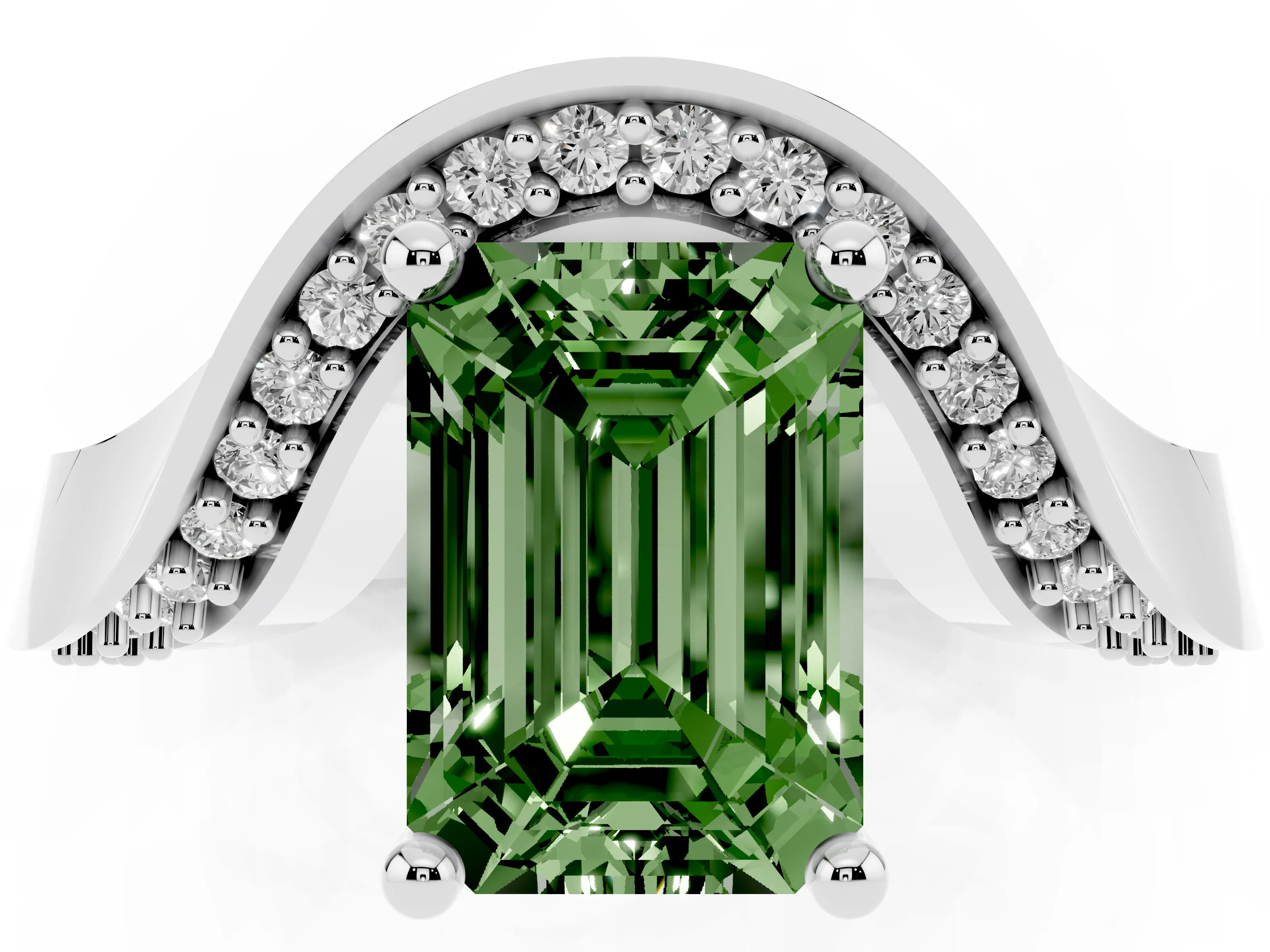 Fancy Green Emerald Cut Diamond Solitaire Engagement Ring Set in Silver with Pavé Shoulders