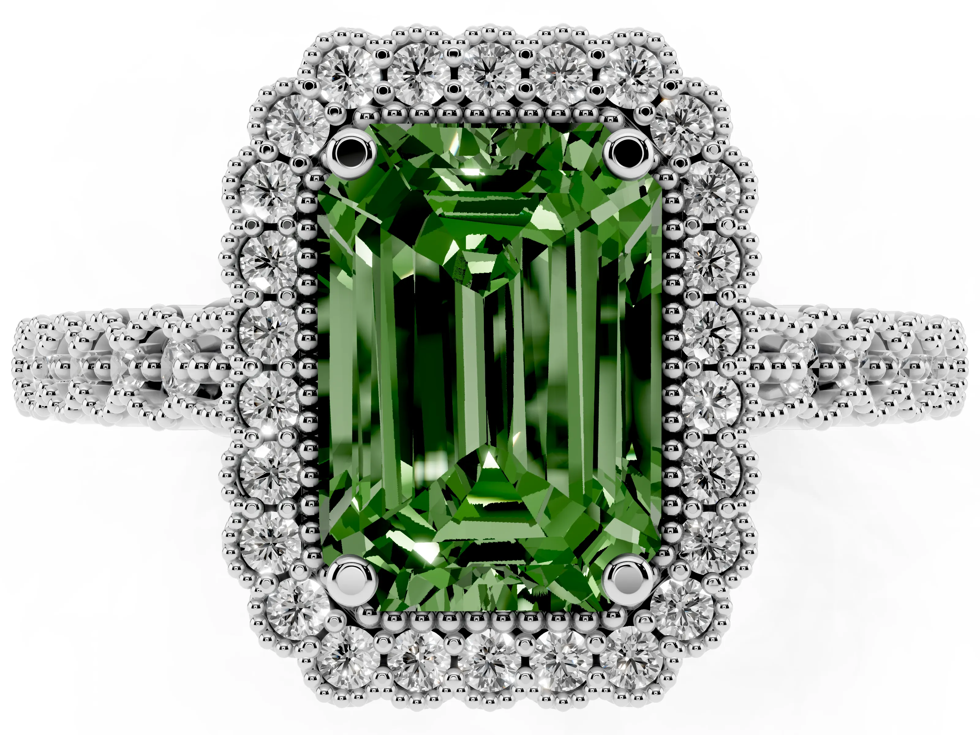 Fancy Green Emerald Cut Diamond Halo Ring Set in White gold with Pavé Milgrain Band