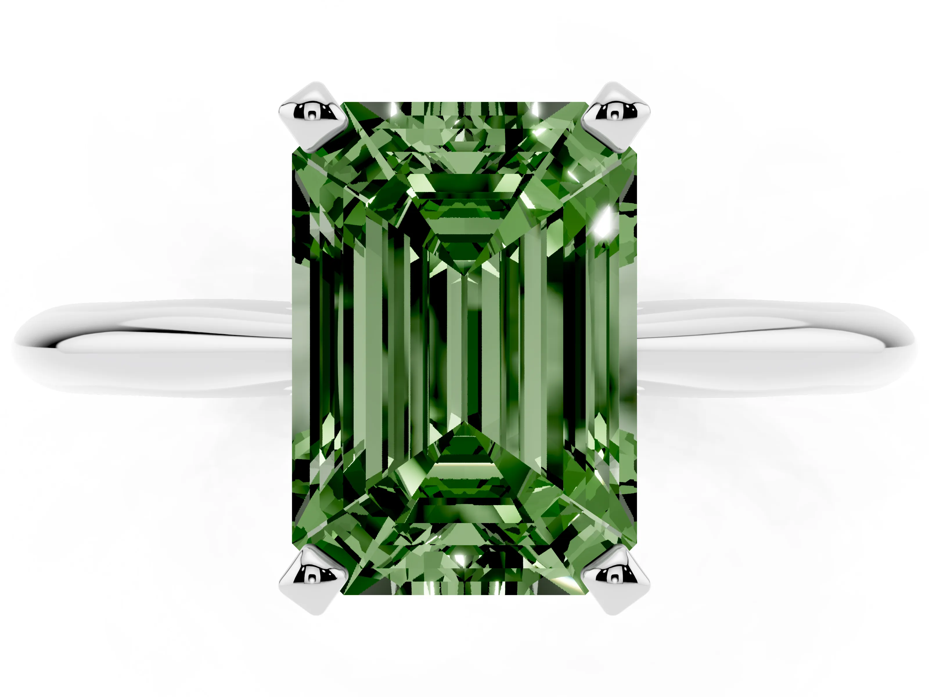 Fancy Green Emerald Cut Diamond Solitaire Ring Set in Platinum with Prong Setting on a Plain Round Band