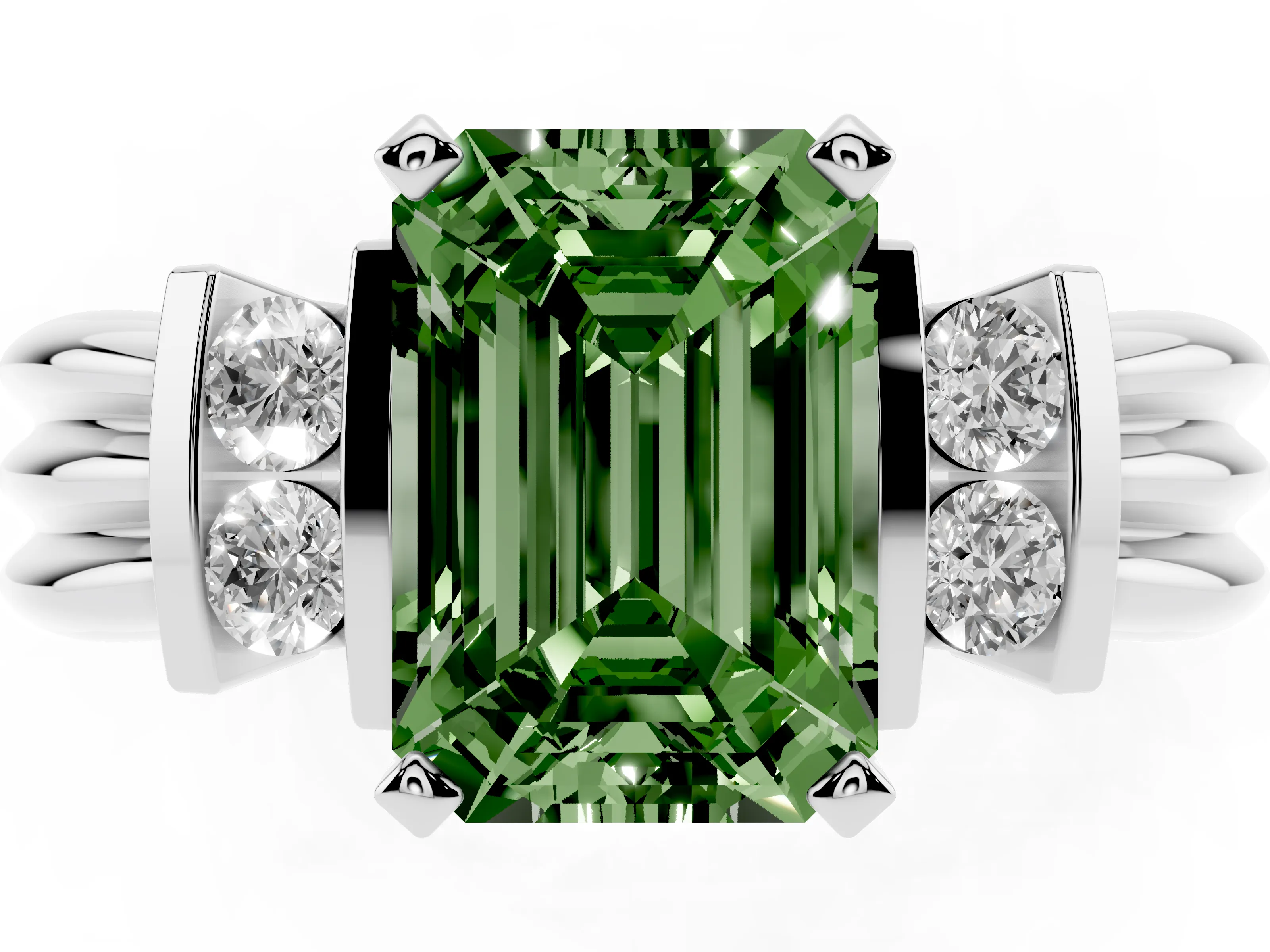Fancy Green Three-Stone Emerald Cut Diamond Channel Set Ring Set in Silver with Bar Prongs